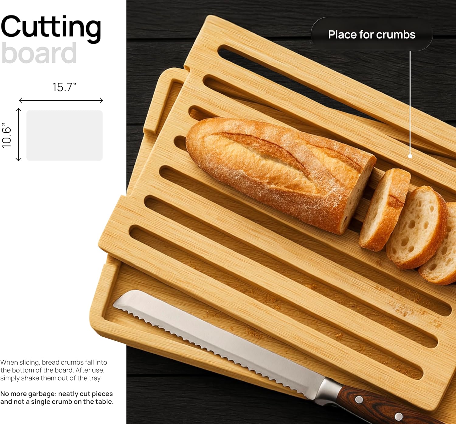 KOPCHER Bamboo Cutting Board Set of 2, 15.6"/10.7"/1", with Juice Grooves,with Crumb Catcher Tray, Thick Chopping Boards for Meat, Easy Grip Handle, Gifted Box