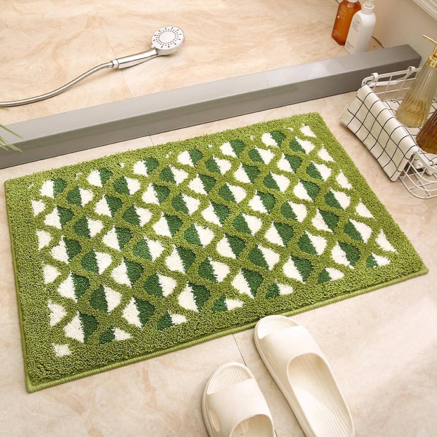 AIEIJJH Bath Mat Non Slip 40x60cm Soft Flannel Quadrilateral Absorbent Bathroom Rug Washable Non-Slip Bottom for Shower Room Floor Green White, 40×60cm, 40×60cm