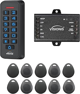 Visionis FPC-6424 VIS-3008 Access Control Black Outdoor IP68 Keypad And Card Reader Standalone With Mini Controller + Wiegand 26, No Software, EM Cards, 1000 Users + 10 Pack Of Proximity Key Tags