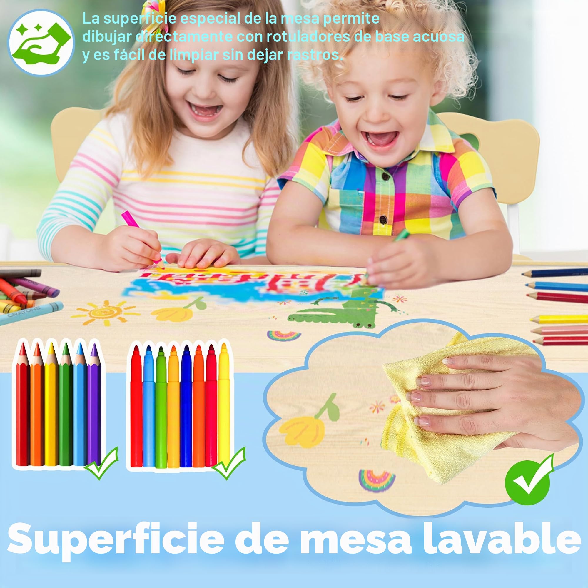 UISEBRT - Mesa infantil con 4 sillas, juego de asientos ajustables en altura, para niños a partir de 2 años, mantel de plástico, muebles para jardín de infantes y dormitorio infantil (color madera