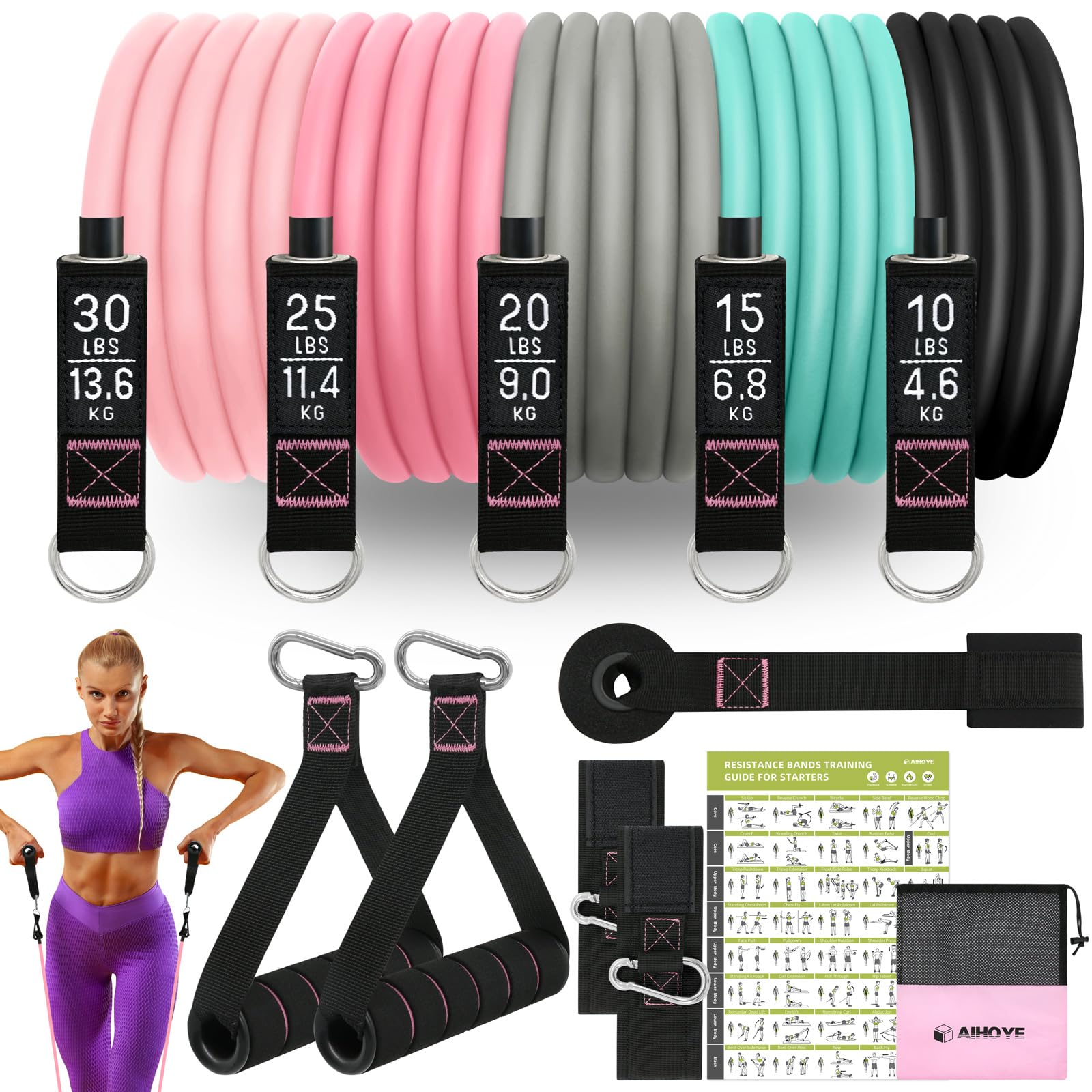 Aihoye Resistance Bands for Working Out, Exercise Bands with Handles, Stretch Bands for Exercise, Workout Bands with Door Anchors for Physical Therapy