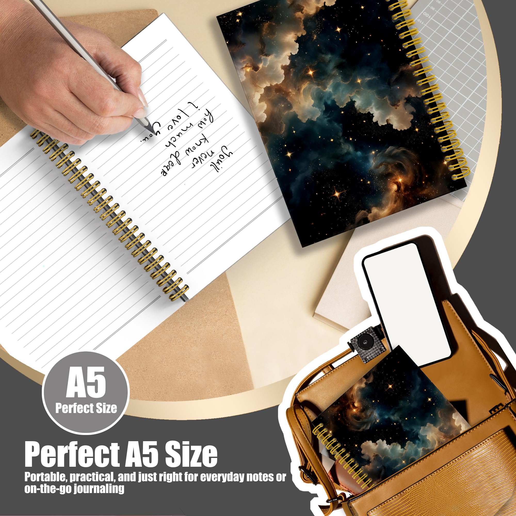 Taccuino con cielo stellato con strega, nebulosa stelle, galassia, diario spaziale per donne e uomini, quaderno a spirale estetico, 5,5 x 8,3, forniture per ufficio e scuola
