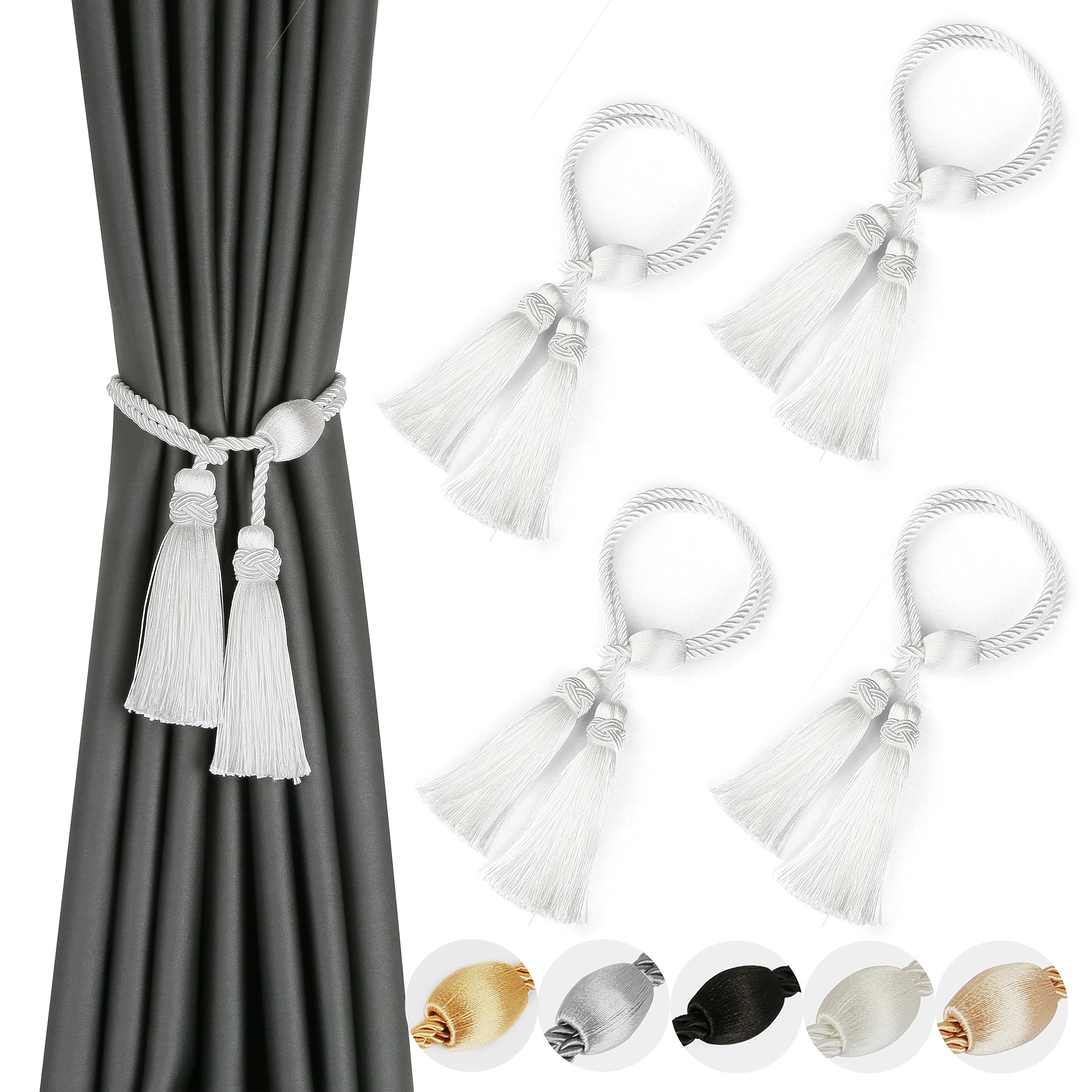 Tassel Curtain Tiebacks， Curtain Tiebacks Braided Rope With Tassel Multicolor 4 Pack(Wit)