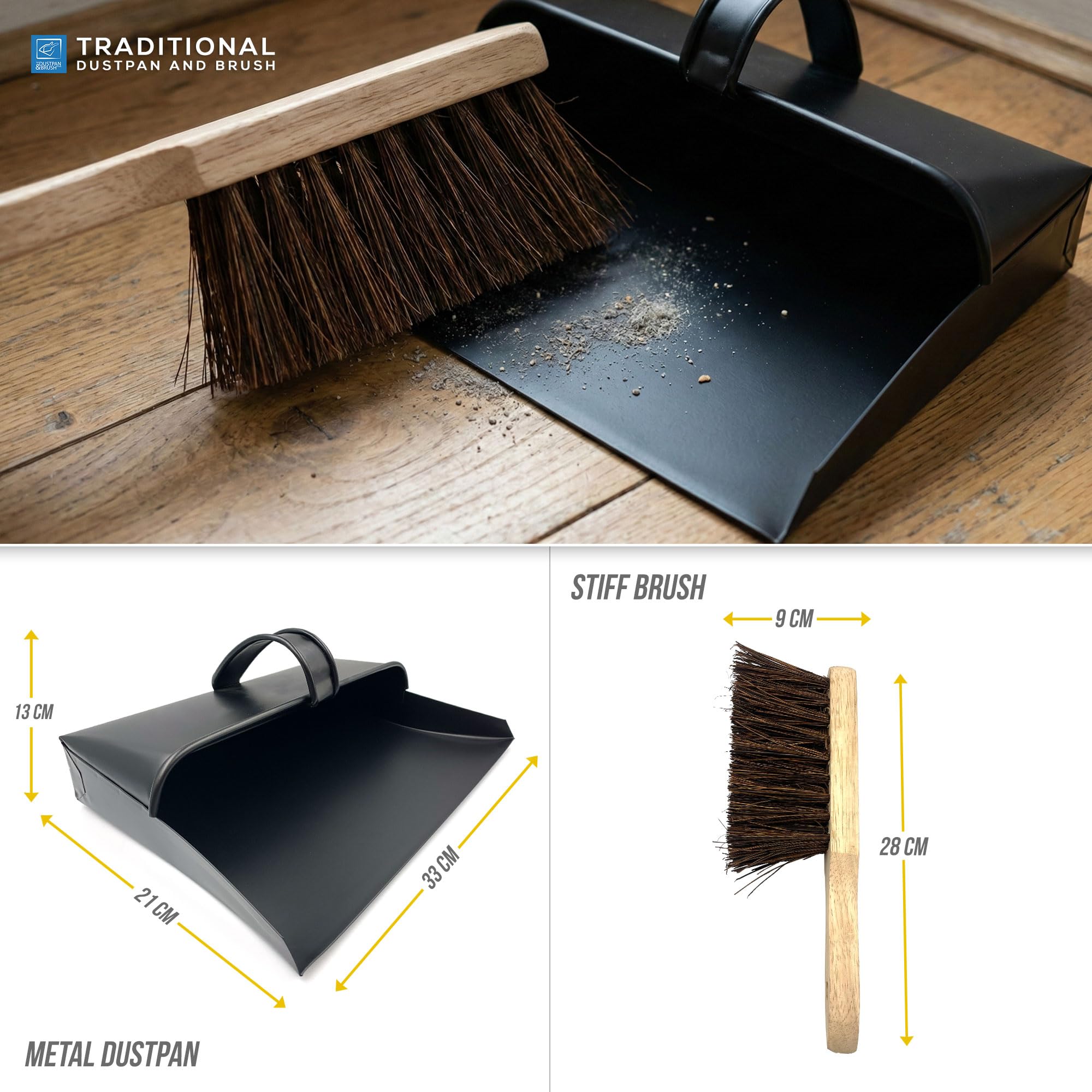 Schwarze Metall-Kehrschaufel mit Kapuze und steifer Bürste, Kehrschaufel, Asche, traditionelle Kehrschaufel und Besen