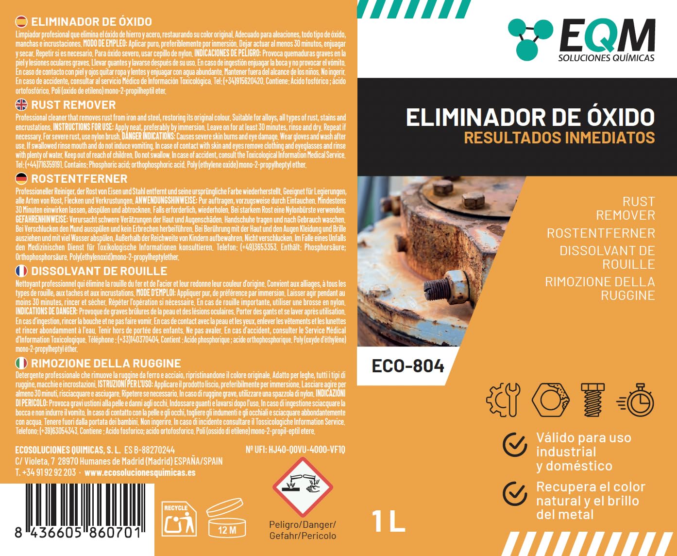 EQM - ECO-804 - Eliminador de Óxido Profesional - 1L - Remueve el óxido Completamente - Recupera el Color Original del Metal - Efecto inmediato — view 8