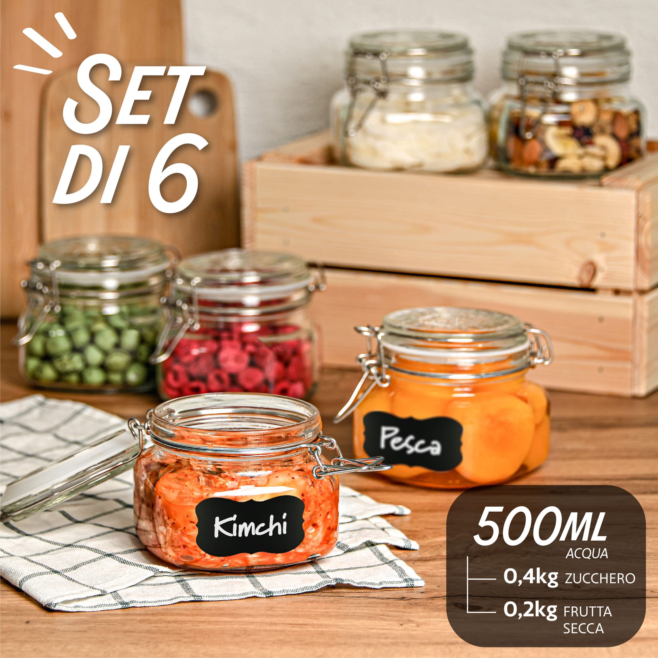 Praknu 6 Barattoli Ermetici con Chiusura a Clip da 500ml - Con Etichette, Pennarello e Guarnizioni di Ricambio - Salvaspazio grazie alla Forma Angolare