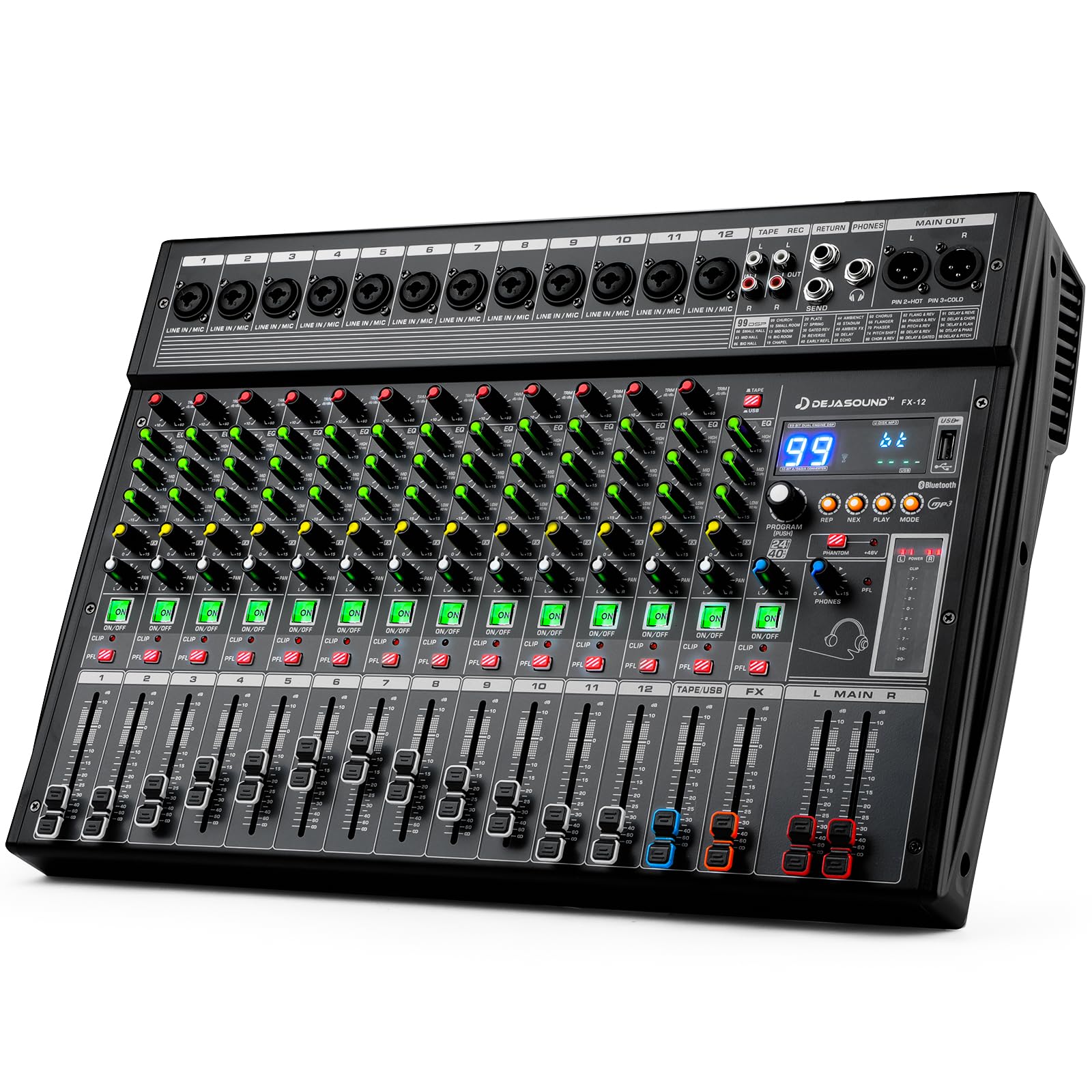 12-Channel Professional Audio Mixer, FX-12usb Mixing Console with XLR Inputs, Bluetooth, 99 DSP Effects, MP3, USB Interface for Podcast, Music,