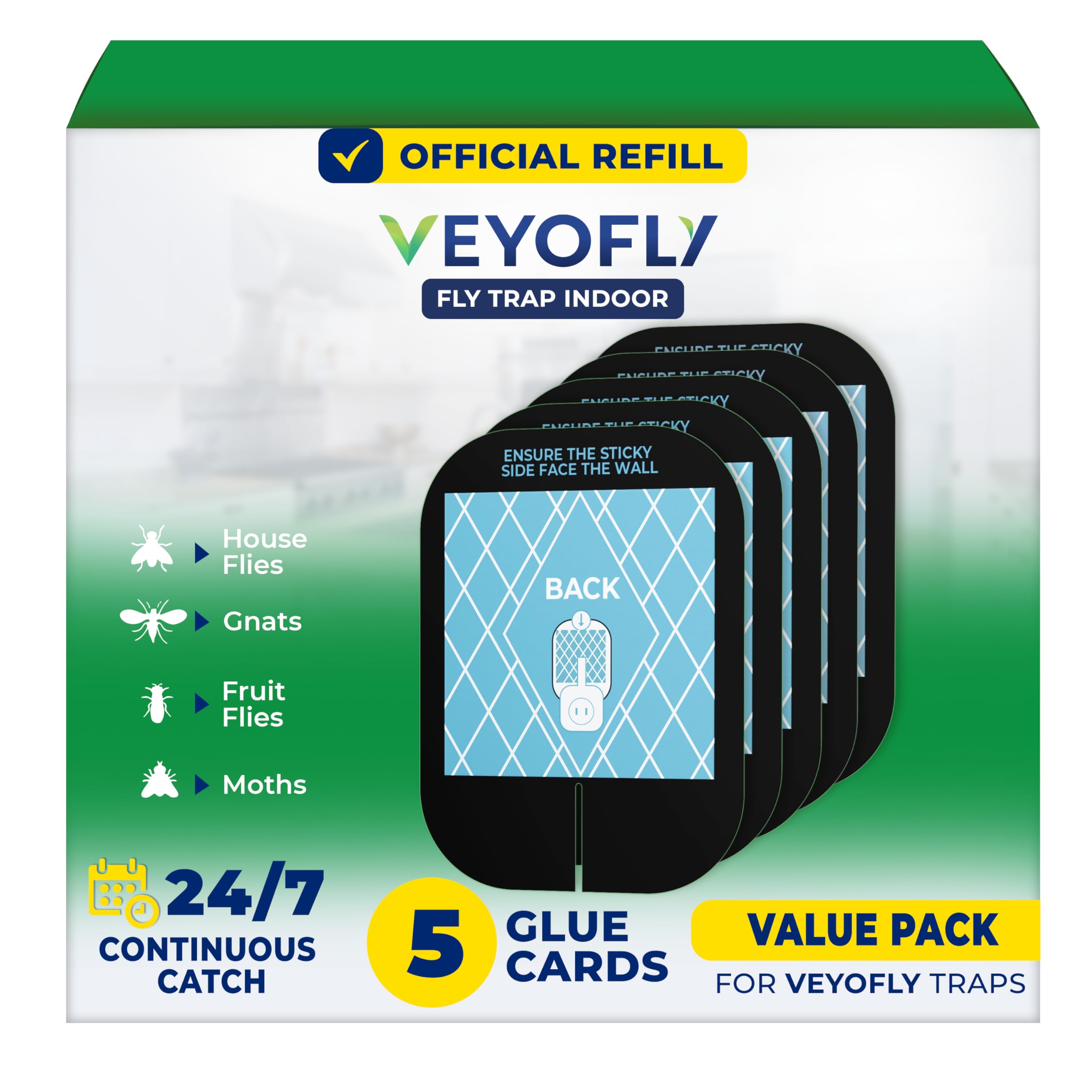 VEYOFLY Fly Trap Indoor Refill, Fruit Fly Traps for Indoors, Gnat Traps for House Indoor,Fly Catcher, Fly Trap,Plug in Catch for Fruit Flies,Moths,Gnats,Mosquito Trap (Pack of 5 Refills-Black)
