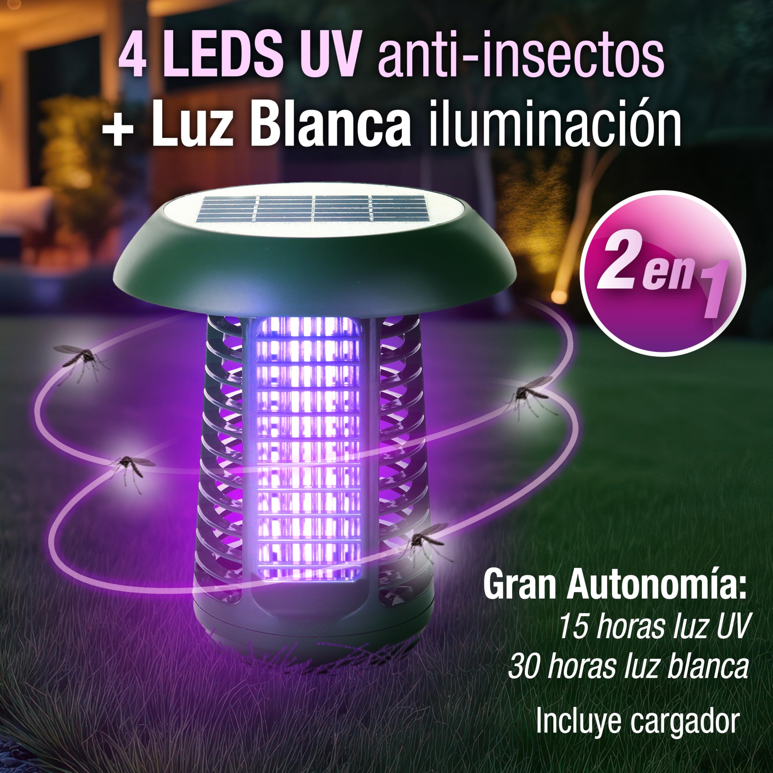Lámpara Solar Antimosquitos 2 en 1: Luz UV Anti-Insectos + Luz Blanca Iluminación. Interior/Exterior. Energía Solar + Red (Incluye Adaptador) Portátil: Ideal jardín, terraza, Camping. Gran Autonomía
