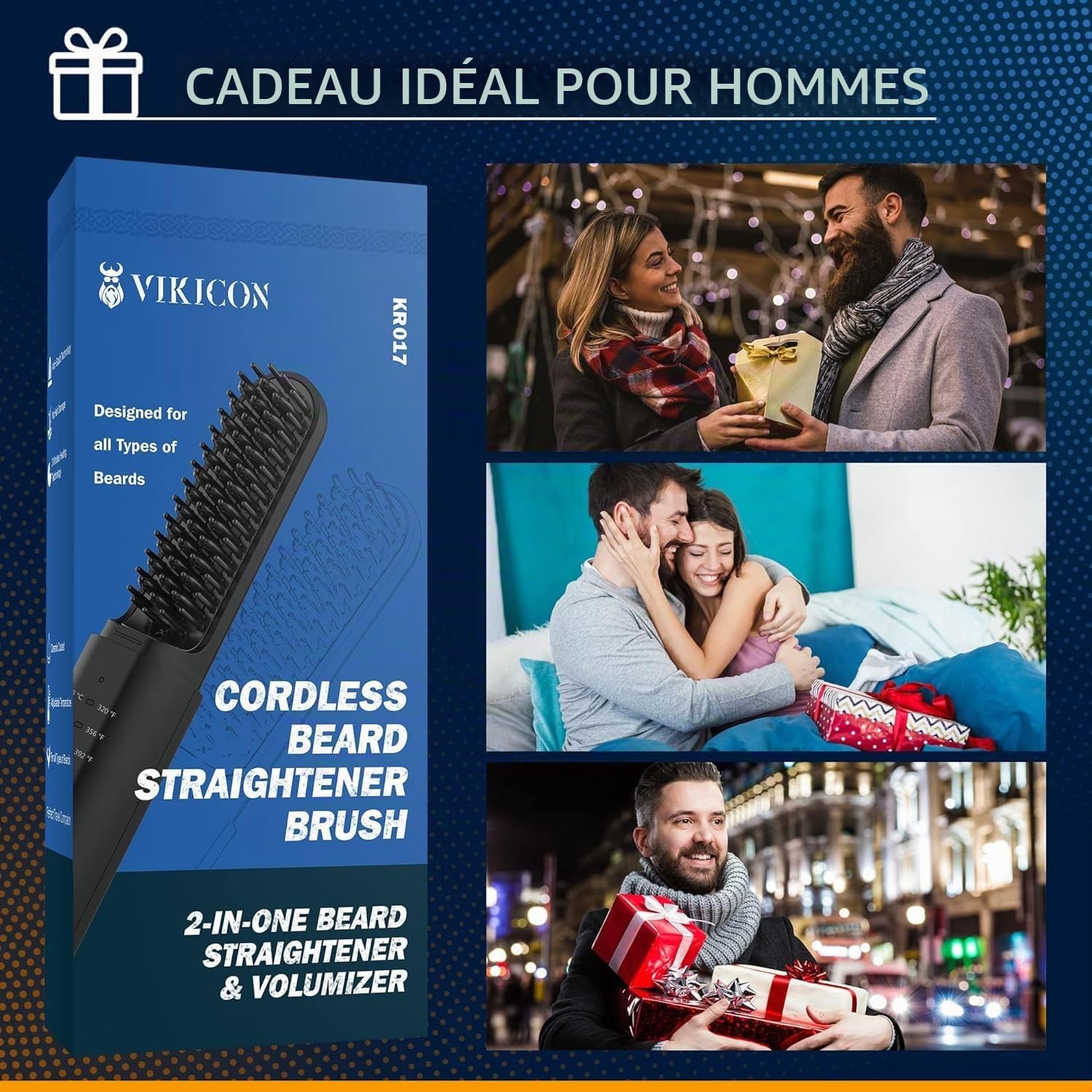 VIKICON Peigne à lisser à barbe sans fil pour homme, 3 niveaux de température réglables, brosse ionique rechargeable pour cheveux et barbe, anti-brûlure, portable (noir)