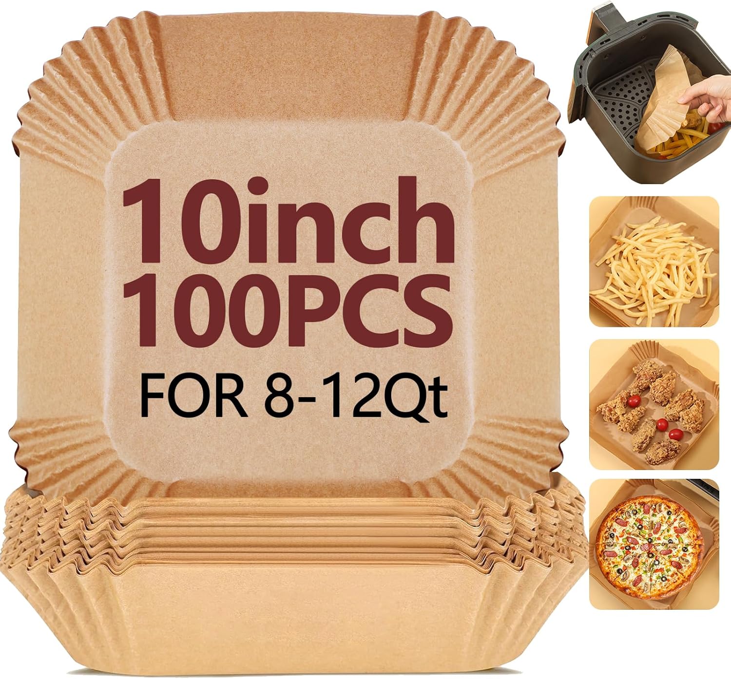 10 Inch Air Fryer Liners Disposable-100PCS Square Parchment Paper Liners,Heat Resistant & Non-Stick,Unbleached Liners for Air Fryer,Oven,Roasting,Baking,Microwave(Bottom is 9 Inch)