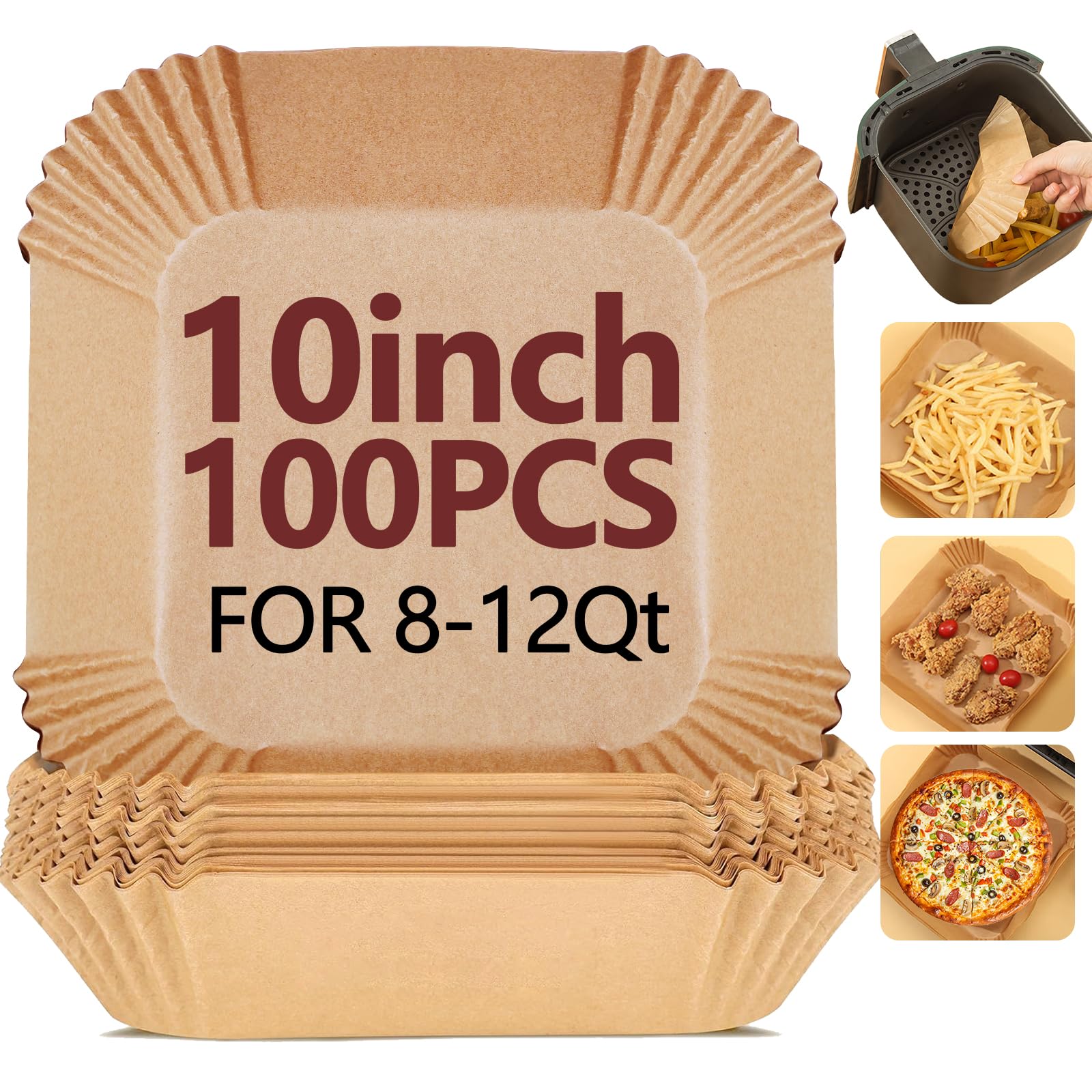 10 Inch Air Fryer Liners Disposable-100PCS Square Parchment Paper Liners,Heat Resistant &amp; Non-Stick,Unbleached Liners for Air Fryer,Oven,Roasting,Baking,Microwave（Bottom is 9 Inch）