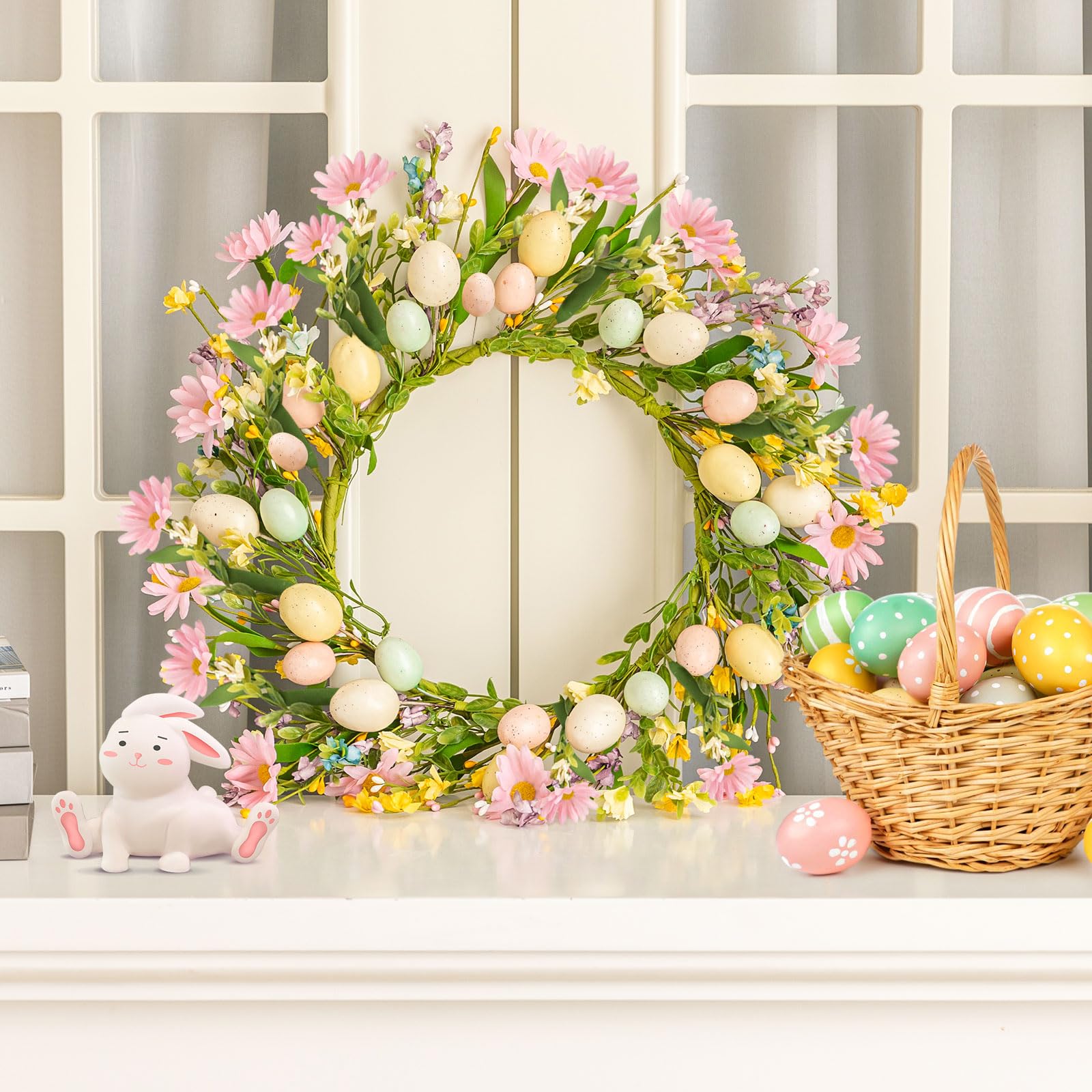 16.5 Inch Easter Wreath, Artificial Easter Egg Wreath for Front Door, Easter Door Wreath for Easter Decorations, Spring Wreath with Pastel Eggs and Floral Twigs for Window Wall Home Easter Decor