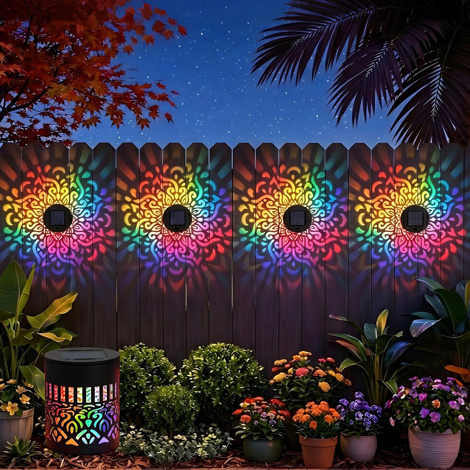 Wekity Solar Mandala Projection Fence Lights, 7 Color Changing Metal Solar Wall Light,Waterproof Outdoor Step Lights Decorative for Pathway Patio Garden Yard Backyard (1, Mandala)