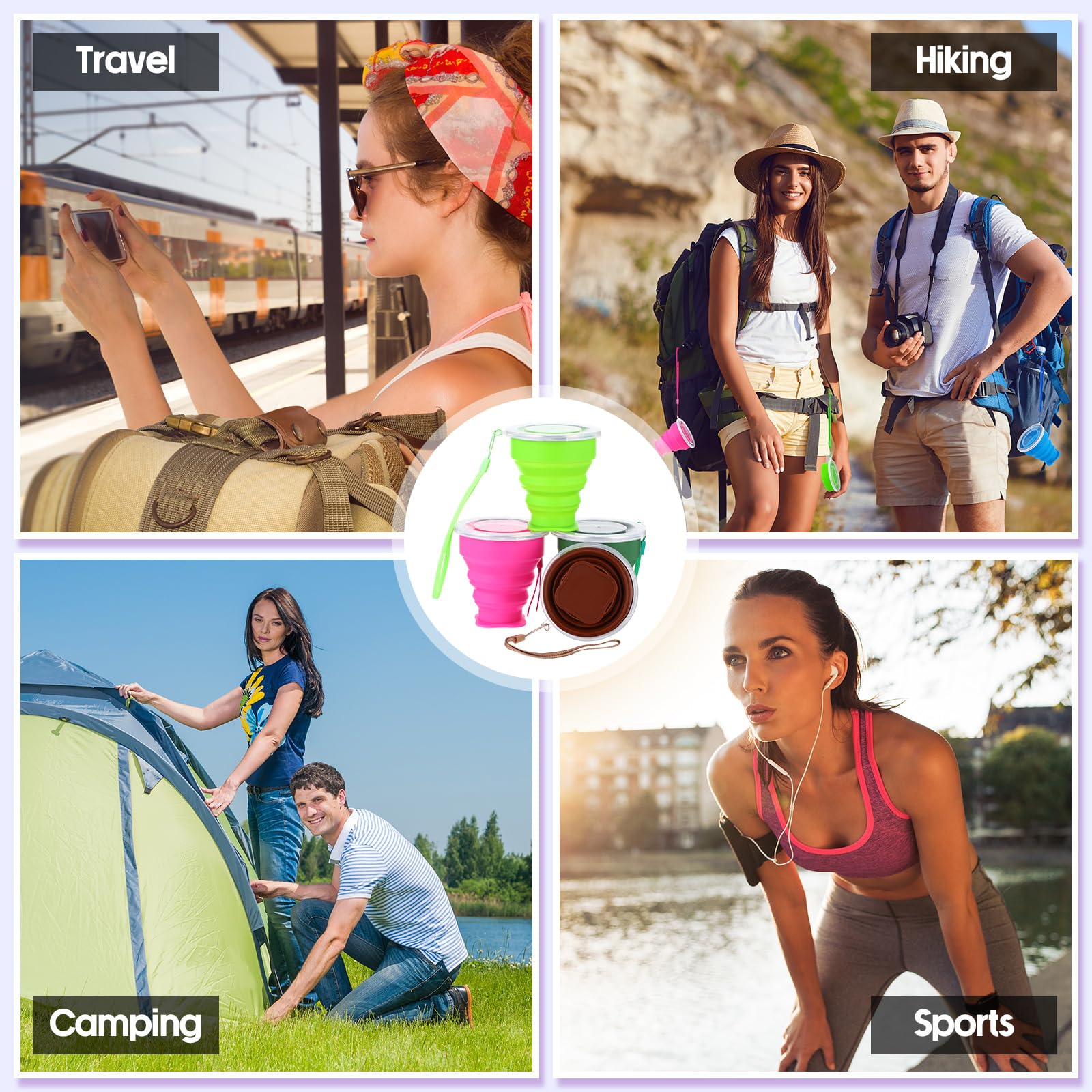 Umigy 24 tazas plegables de silicona expandibles, taza de viaje portátil plegable reutilizable taza de camping plegable con tapas para mochileros al aire libre senderismo