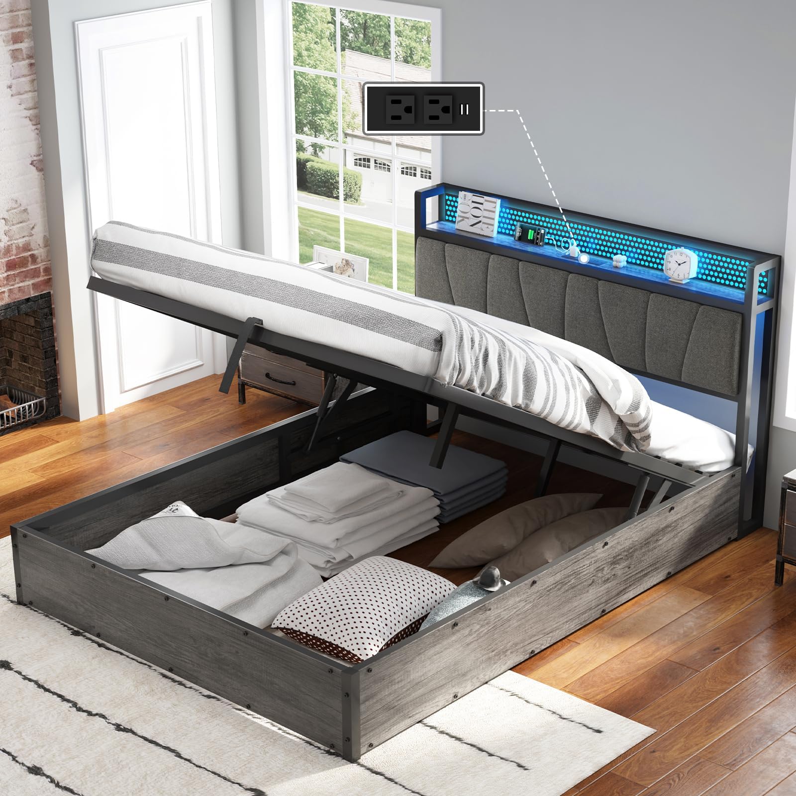 AMERLIFE Full Size Lift Up Bed Frame with Linen Upholstered