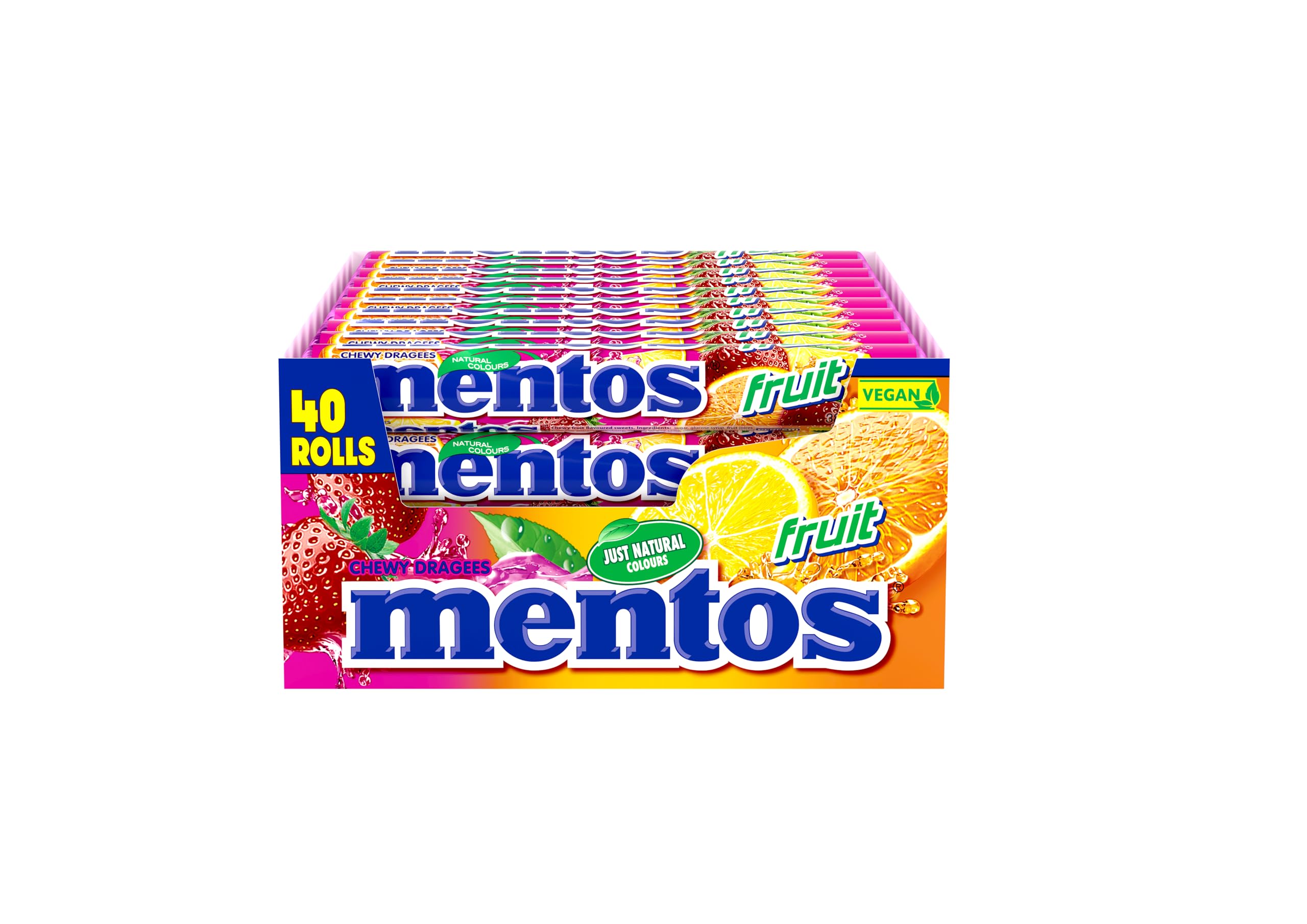 Mentos Meyve Drajeleri, 40 Rulo Şeker, Portakallı Meyve Aroması +