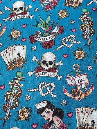 Fabric Traditions Cotton Fabric, Sailor Pin Up Girl with Roses Print, 1 Yard Precut