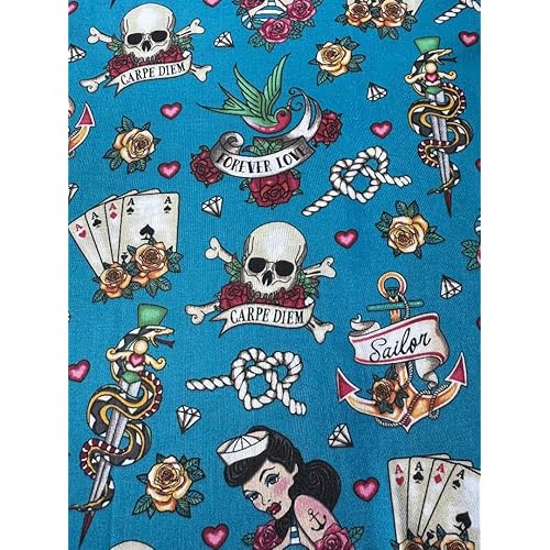 Fabric Traditions Cotton Fabric, Sailor Pin Up Girl with Roses Print, 1 Yard Precut