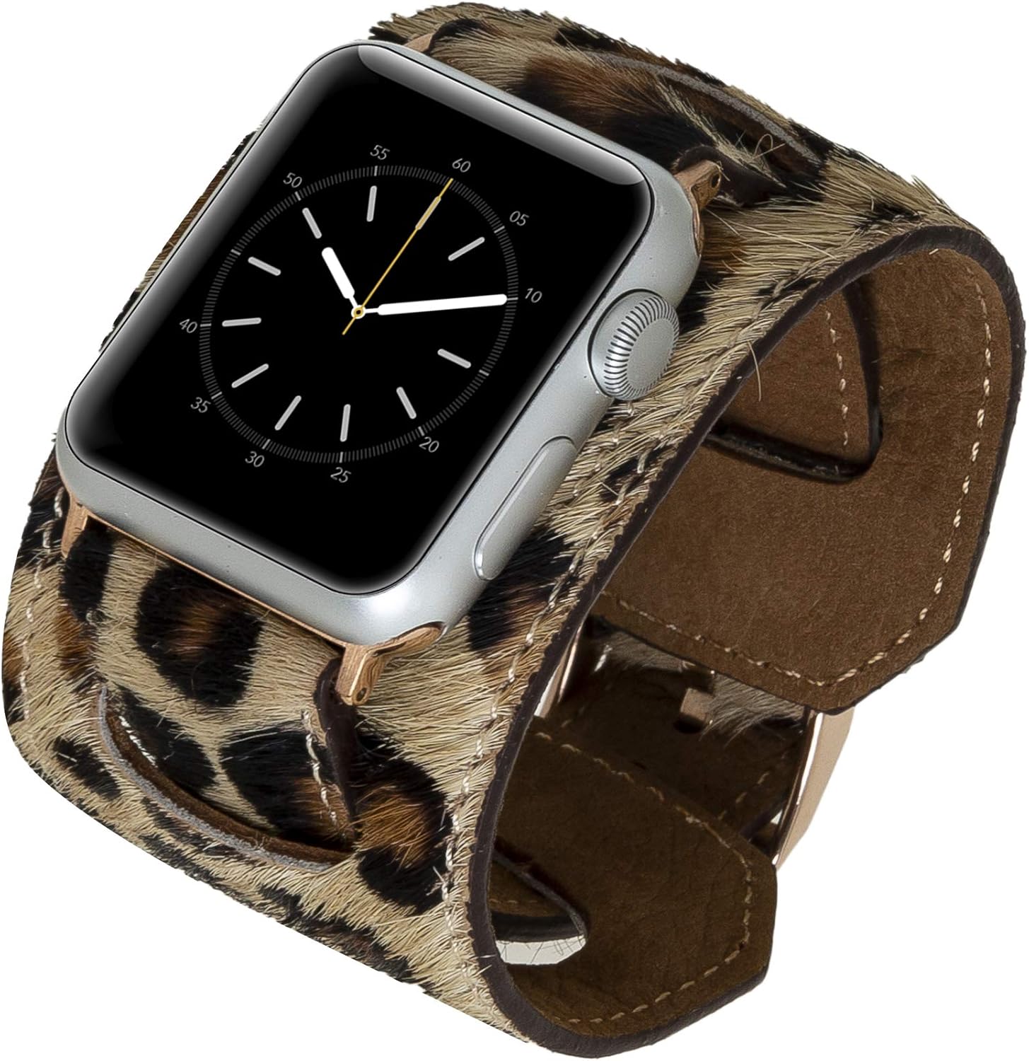 Venito Ancona Cuff Handmade Premium Leather Watch Band for Apple Watch iwatch Series 1,2,3,4,5,6,7,8,9,10,11 and SE 1,2,3 (45/44/42/41/40/38mm), (Furry Leopard w/Rose Gold Connector&Clasp)