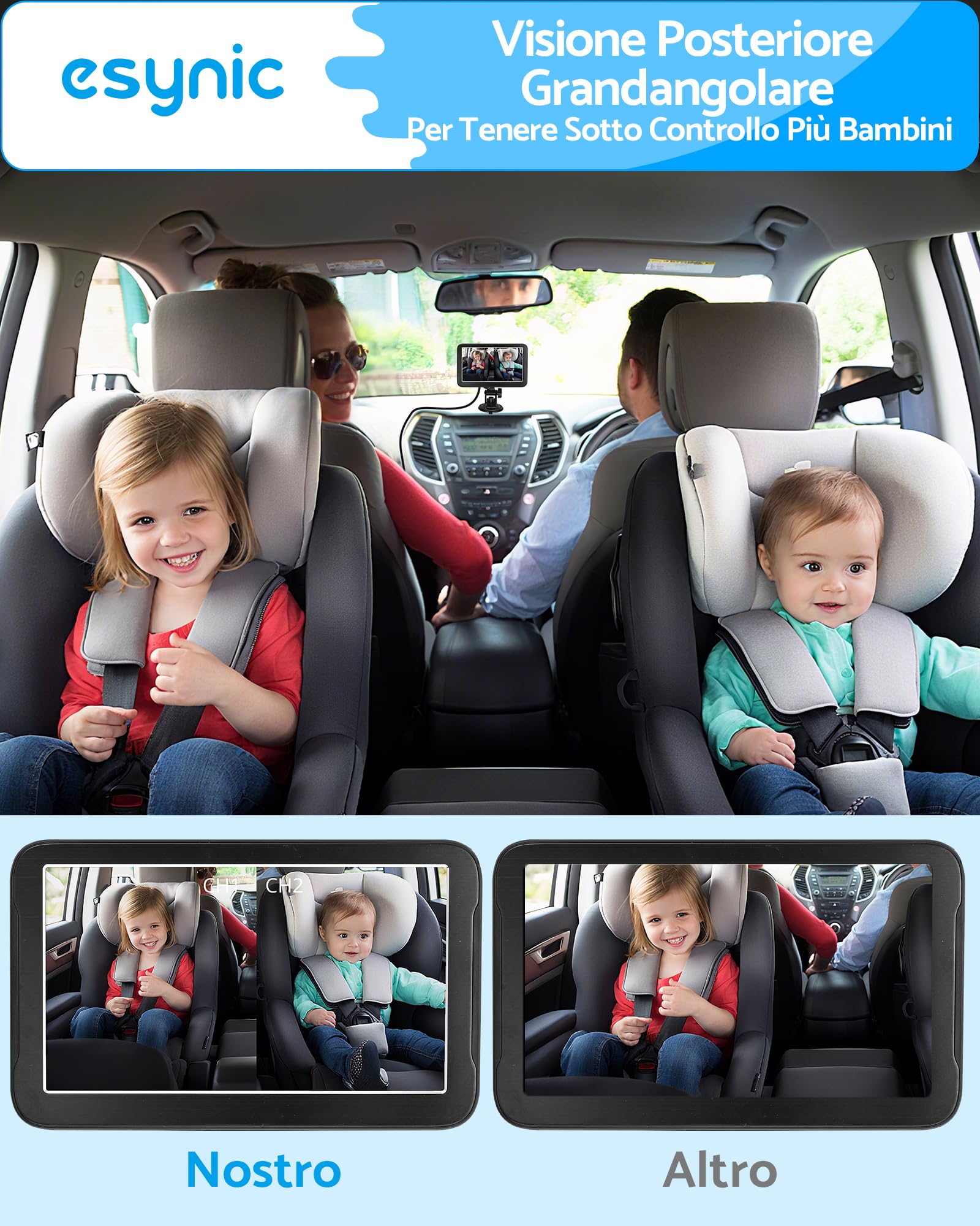eSynic Baby Car Monitor con Doppia Telecamera 1080P Grandangolare 150°, 7'' Schermo IPS, Visione Notturna IR, Specchietto Retrovisore a Ventosa Controllo Bimbi, Alimentato da Accendisigari