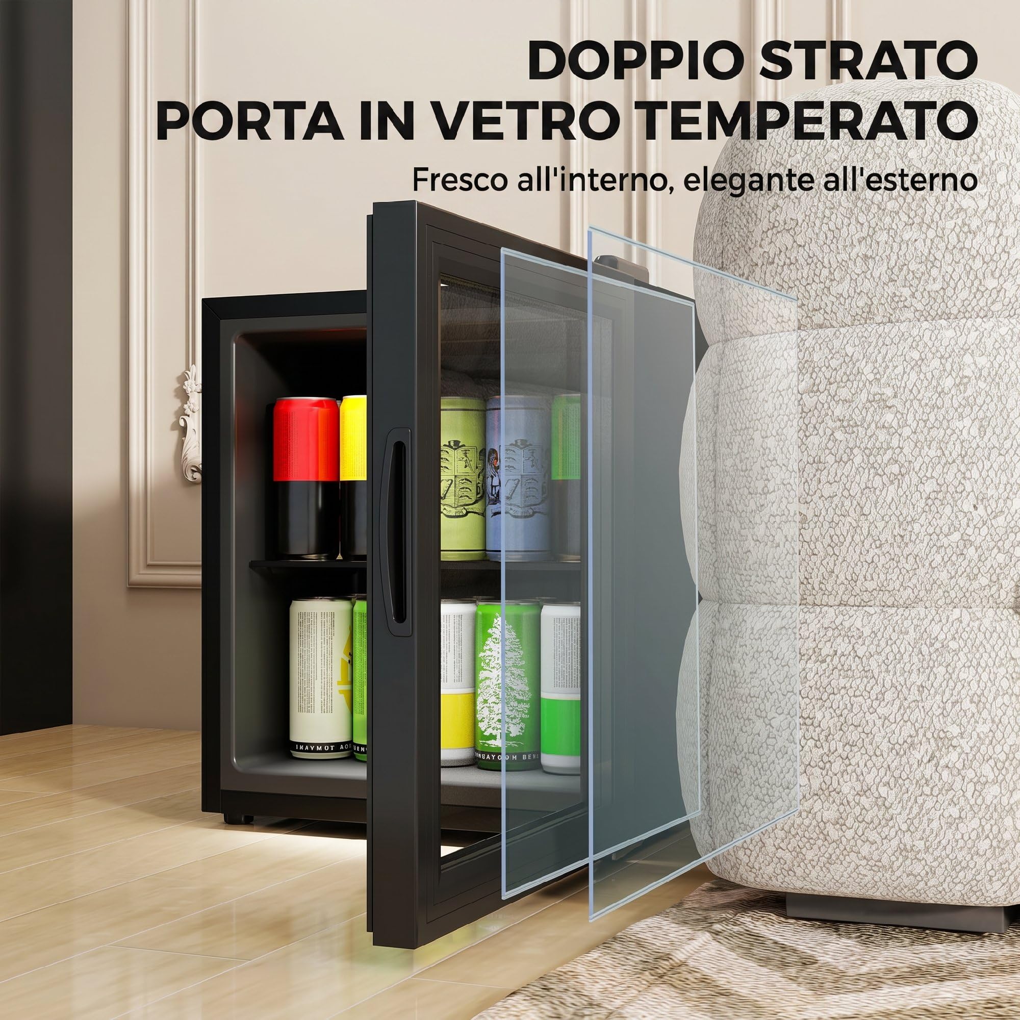 HOMCOM Mini Frigo per Bevande 46L 59 Lattine, Frigorifero Piccolo da Tavolo e Camera Silenzioso, 0-20℃, Porta in Vetro, Ripiano, Display Touch, Classe D, Luci LED, per Birra, Cucina, Ufficio, Nero
