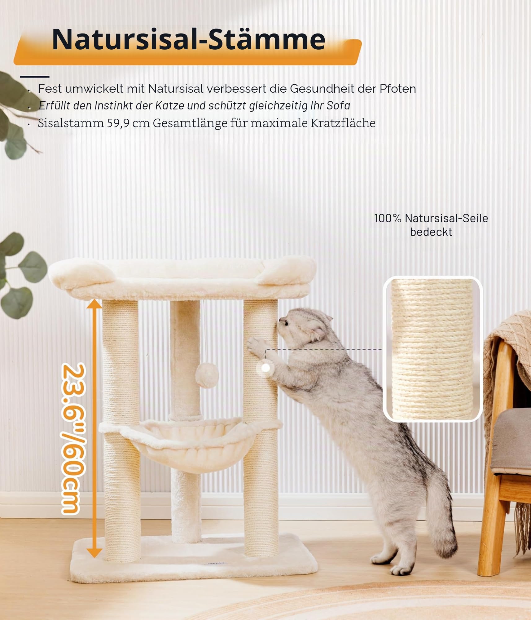 Happi N Pets 71CM Kratzbaum für Katzen, Hoher Kratzstamm mit großem Bett für große Katzen, Sisal-Kratzbaum mit weicher Liegefläche & Hängematte, Stabiler Katzenbaum, Abnehmbarer Bezug-Beige