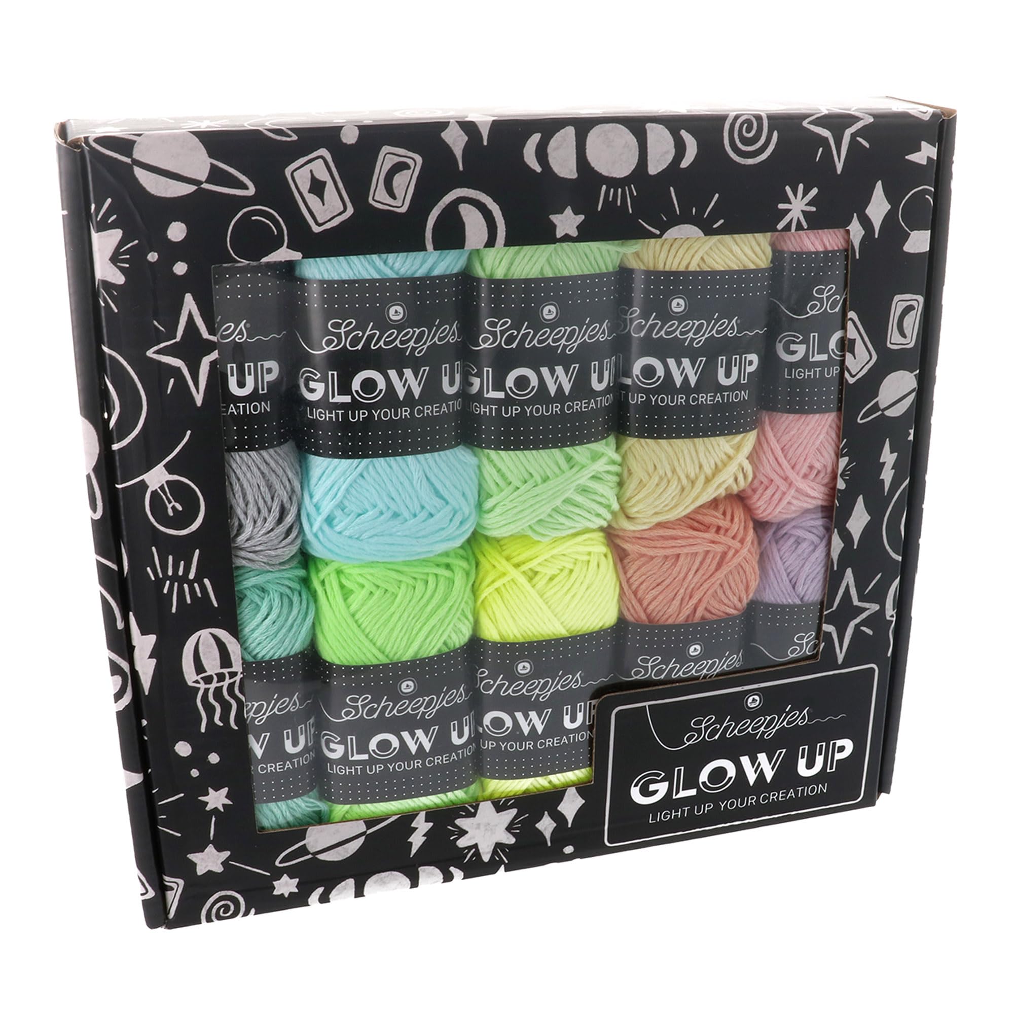 Scheepjes Glow Up Fingering Weight Yarn, Polyester, for Knitting or Crocheting Projects, Multicolour, 10 x 25g