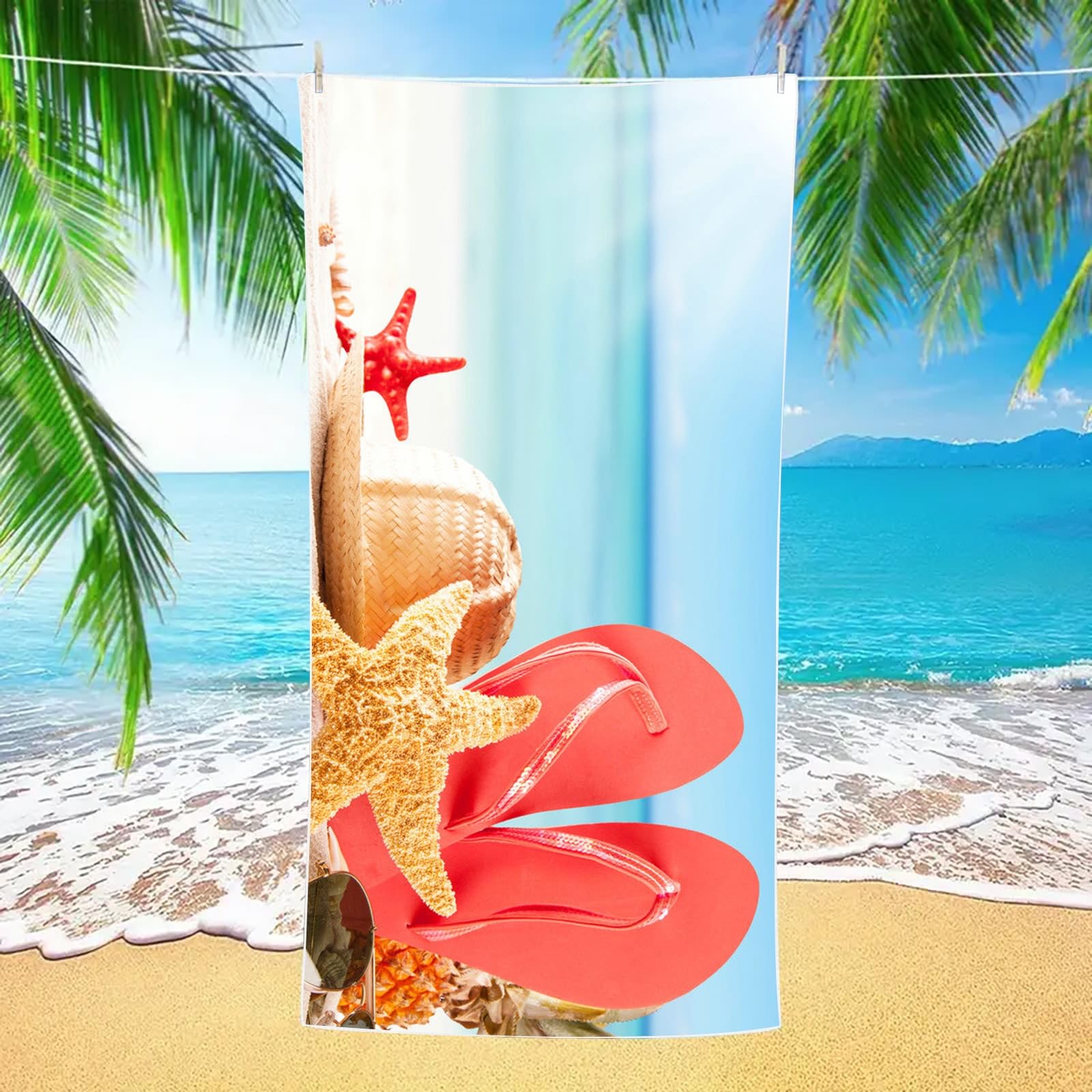 AMDXD Toallas de playa coloridas, impresas con sombrero de paja, pantuflas y estrellas de mar, toalla de playa, microfibra, toalla de baño sin arena, toalla de rizo para fitness, viajes, playa