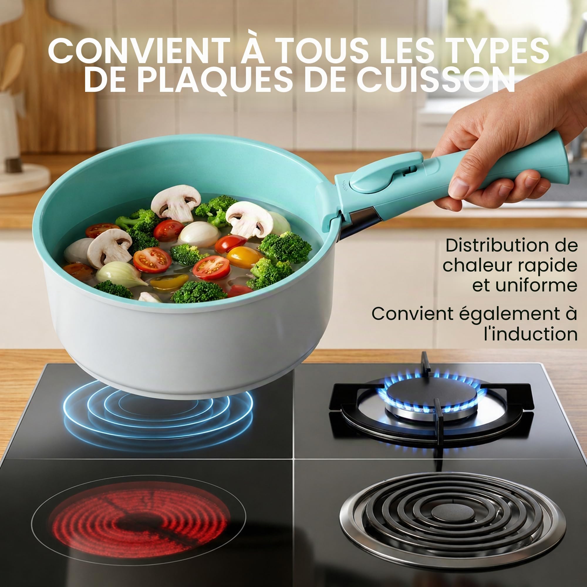 NEOFLAM® - Lot de 8 casseroles et poêles Midas Plus – Revêtement antiadhésif naturel ECOLON®, sans PFAS, compatible induction, poignée amovible, passe au four, nettoyage facile
