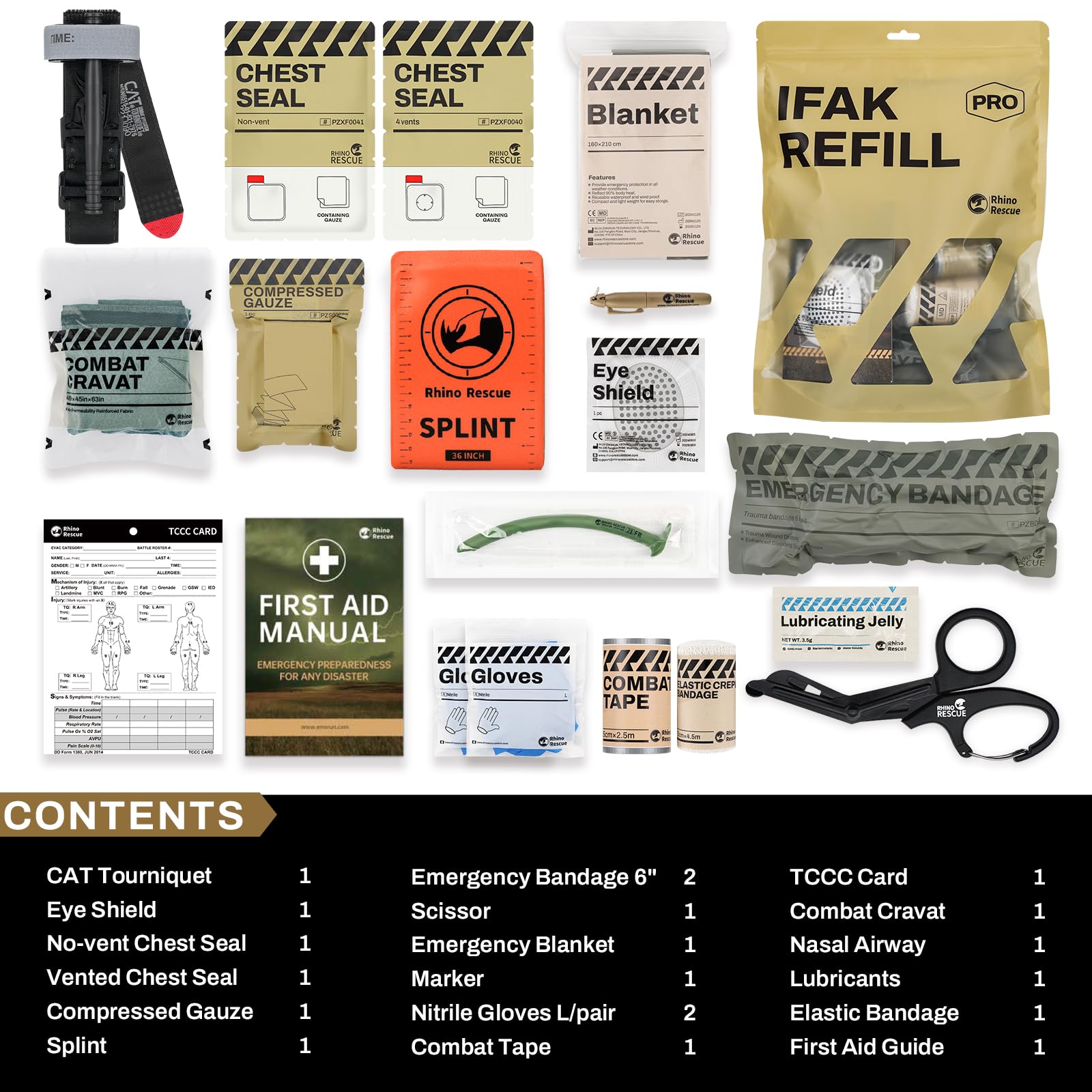 RHINO RESCUE IFAK CAT Gen-7 Tourniquet Refill Kit, Emergency First Aid Kit, Medical Accessories, IFAK Trauma Kit, Combat Pack for Trauma Wound Care, Shot, Car and Camping, Brown, 17 - 3