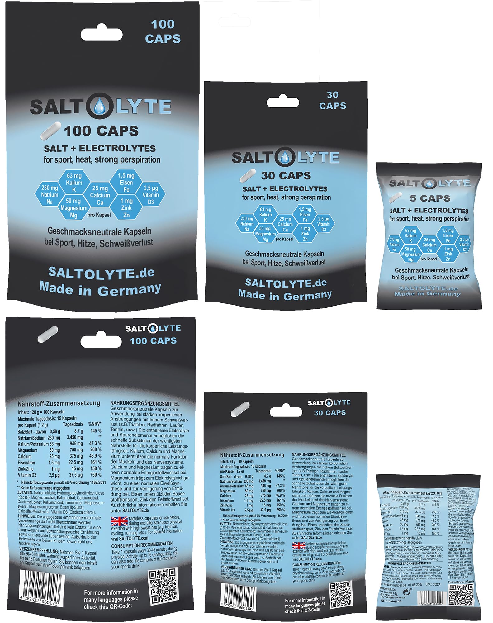 100 CAPS Salz- & Elektrolytkapseln mit Natrium, Kalium, Magnesium, Calcium, Eisen, Zink und Vitamin D3 für normale Muskelfunktion & Energiestoffwechsel