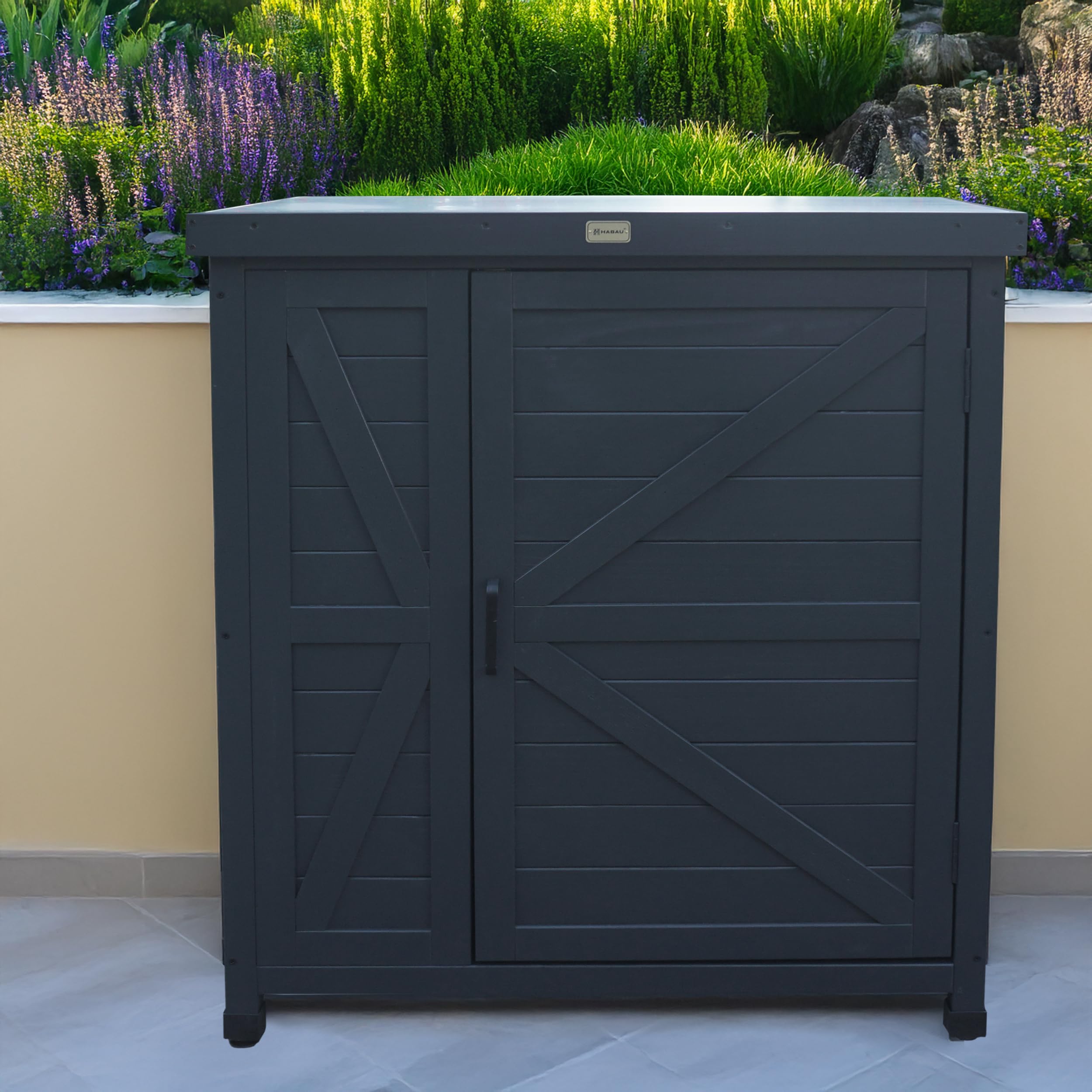 HABAU Gartenschrank Logan 80x45x91 cm Arbeitsplatte FSC-Massivholz Anthrazit wetterfest Outdoor