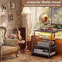 Vista 4 de Armocity Soporte multimedia AV de 4 niveles con tiras de alimentación, soporte estéreo con luces LED, torre de audio en rack con estantes