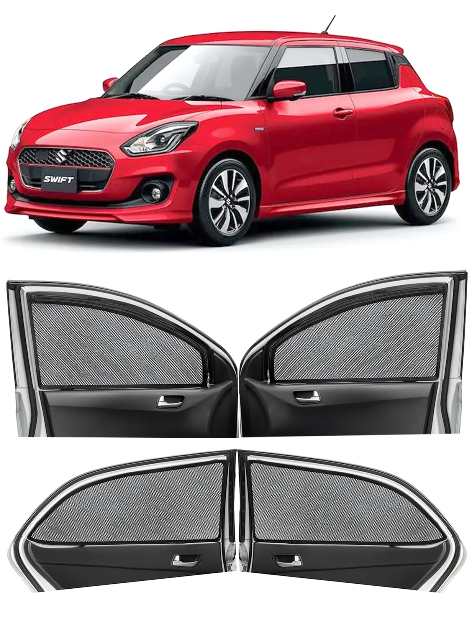 Magnetic Car Sunshades Compatible with Maruti Swift (2012 to 2017) (Set of 4) – Easy Installation, UV Protection, Keeps Car Cool (Front 2 with Zippers, Rear 2 Without Zippers)