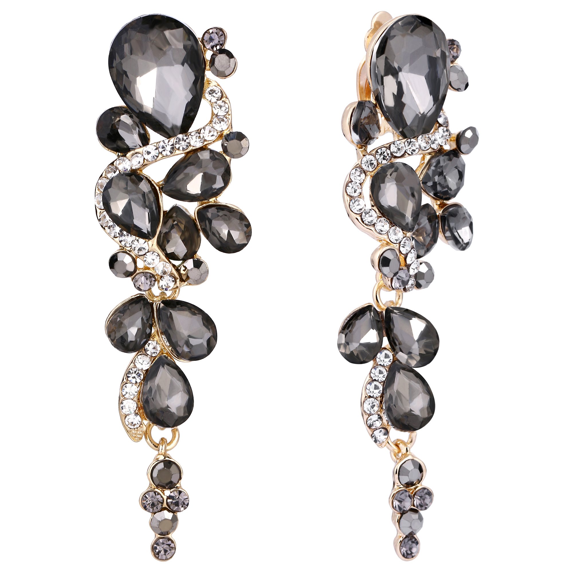ClearineBohemian Teardrop Cluster Crystal Diamante Clip-On Long Drop Dangle Chandelier Earrings, Statement Earrings for Costume, Wedding Bridal Jewellery for Brides