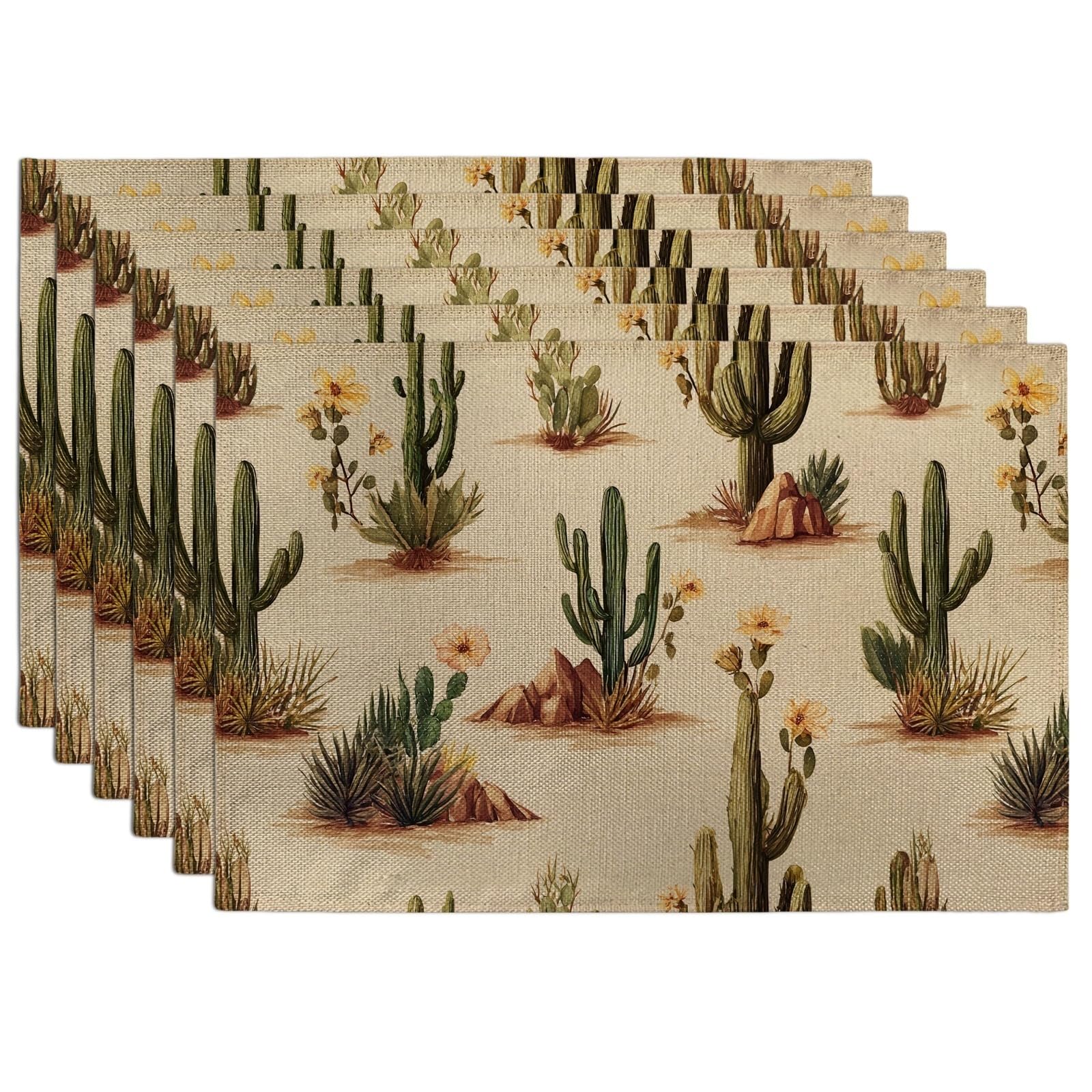 Desert Plants Placemats, Beige Botanical Place mats for Dining Table, Non-Slip Washable Indoor Outdoor Party Decorative Placemat Set of 6