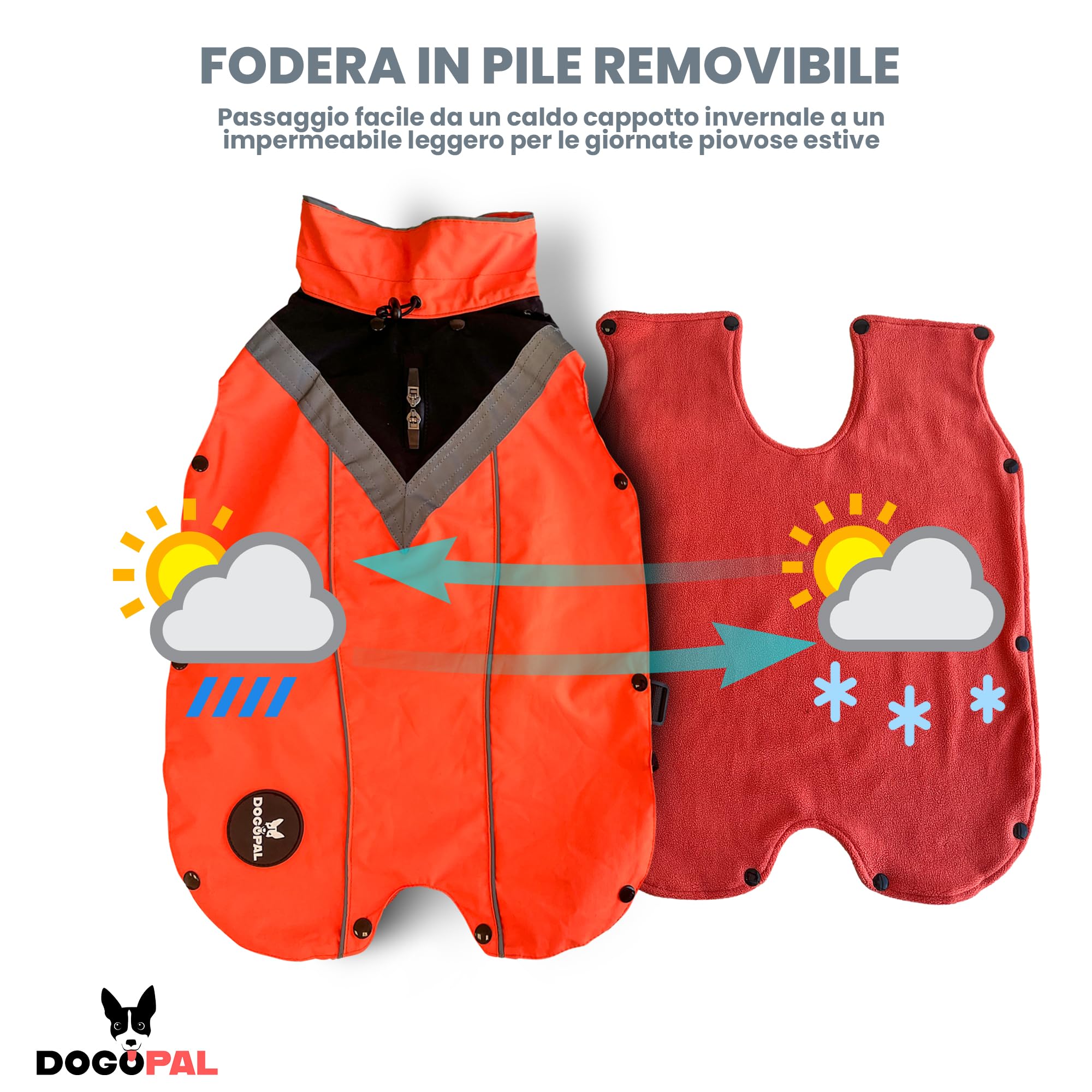 DOGOPAL Cappotto Impermeabile per Cani 2in1 All Weather – Mantello Antipioggia 100% Waterproof e Antivento con Fodera in Pile Rimovibile, Catarifrangente ad Alta Visibilità (Arancione, L)