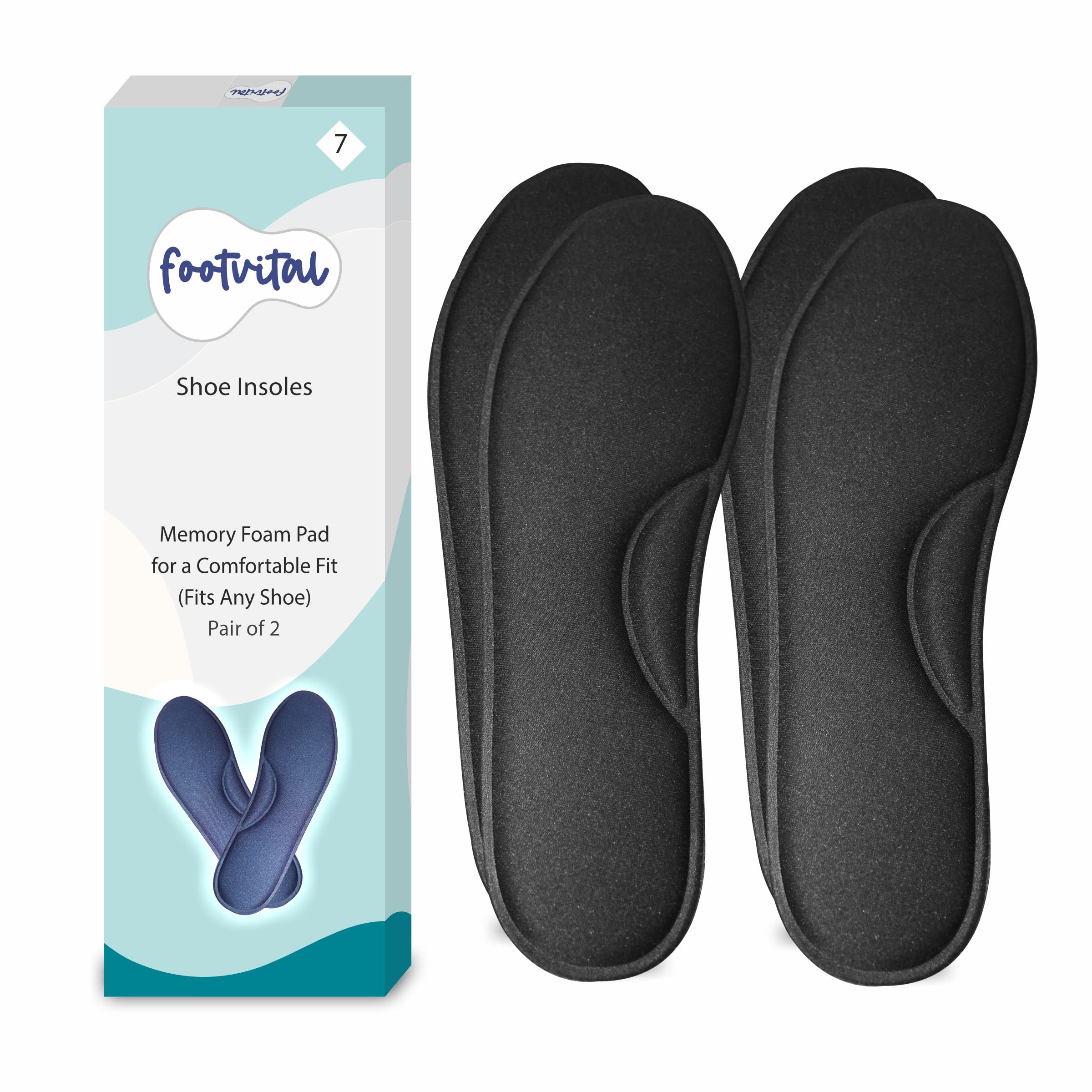 Sponsored Ad - Footvital Memory Foam Shoe Insoles Comfortable Insoles Supports Heel & Arch Absorbs Foot Sweat & Moisture Ultra Soft Cushioned Lightweight Durable Washable Pads for Men & Women Black (2 Pair)(Size-7)