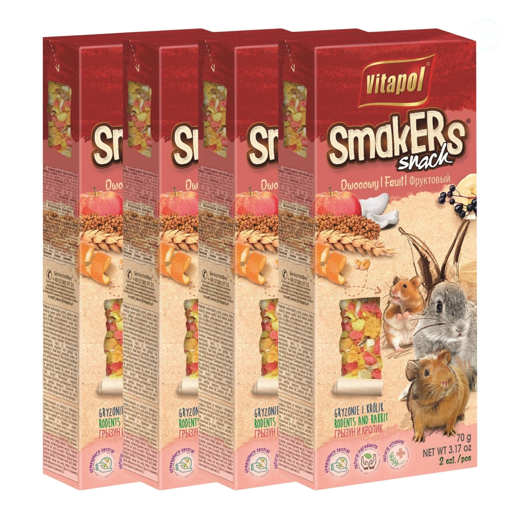Vitapol Smakers® Natural Treat Sticks for Rodents & Rabbits – Enriched with Fruits, Vegetables, Herbs, Nuts & Probiotic Yoghurt – Healthy Complementary Snacks (4pcs, 180g, Fruits)