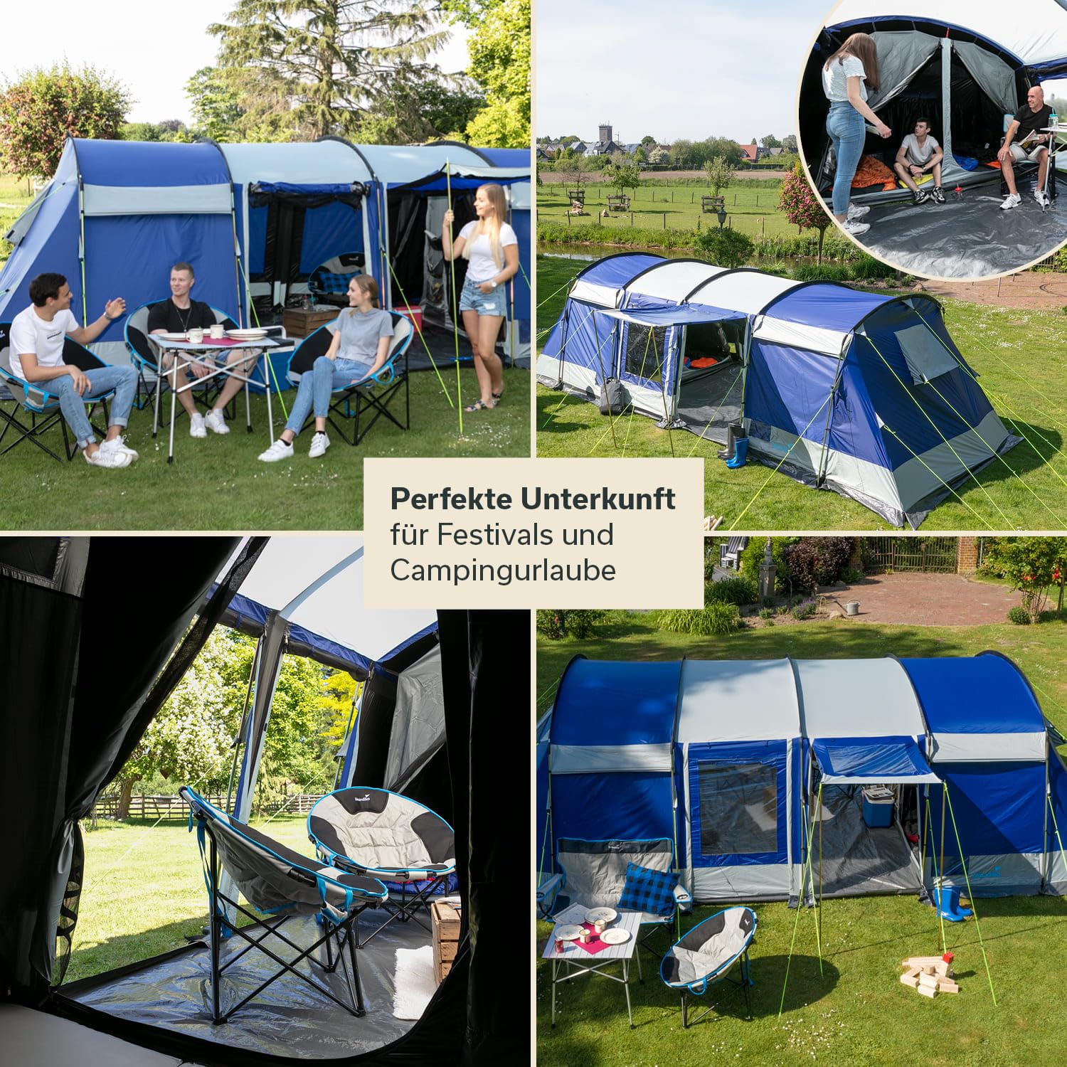 Skandika Tunnelzelt Montana 10 Personen | Camping Zelt mit/ohne eingenähten Zeltboden, mit Sleeper Technologie, 3-4 Schwarze Schlafkabinen, 5000 mm Wassersäule, Moskitonetze | Familienzelt