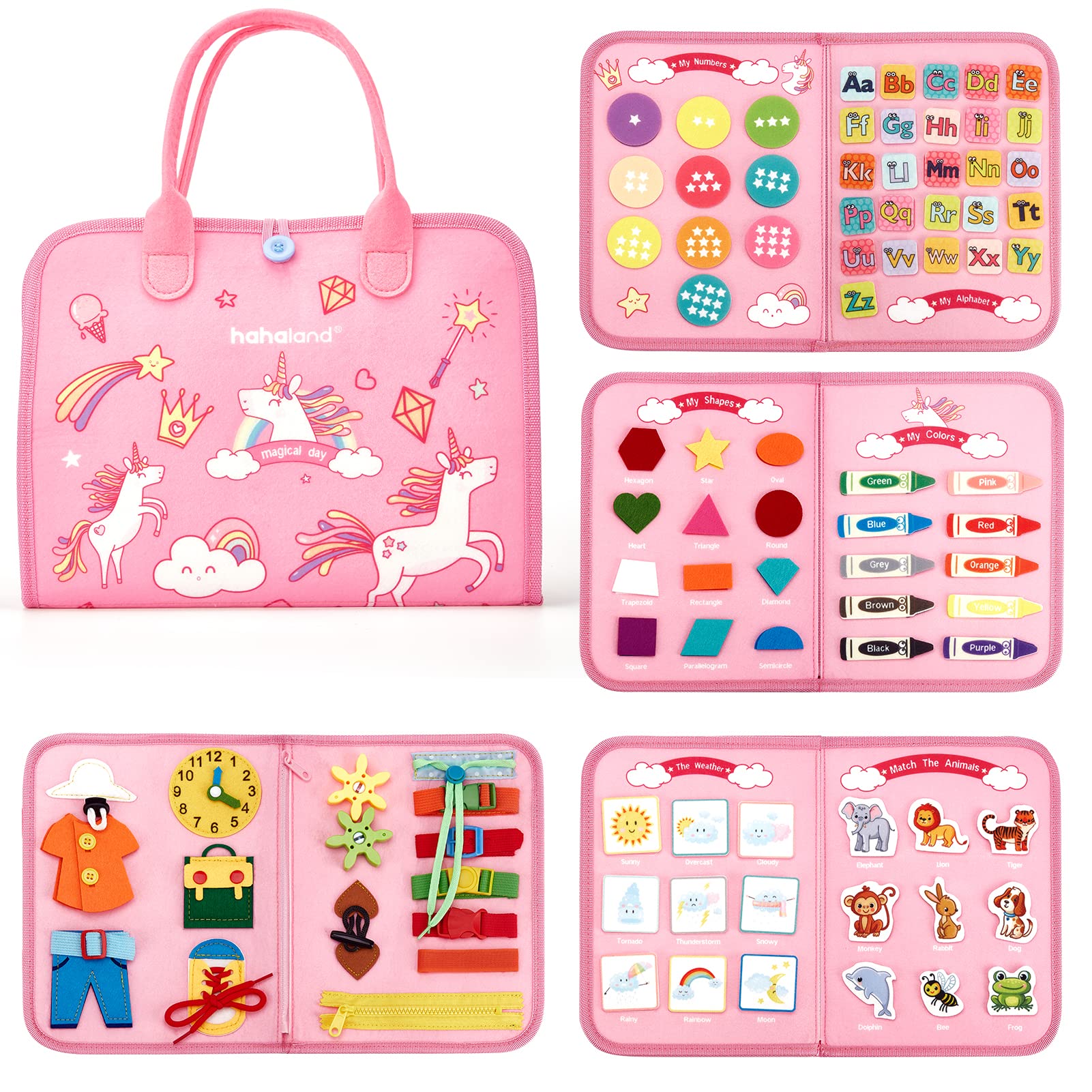 hahaland Busy Board Jouet Montessori, 7 in 1 Licorne Jouet Éducatif, Jouets d'Activité et de Développement pour Enfants, Livre Bebe en Feutre, Quiet Book Cadeau pour Enfant, 5 Couches Planche