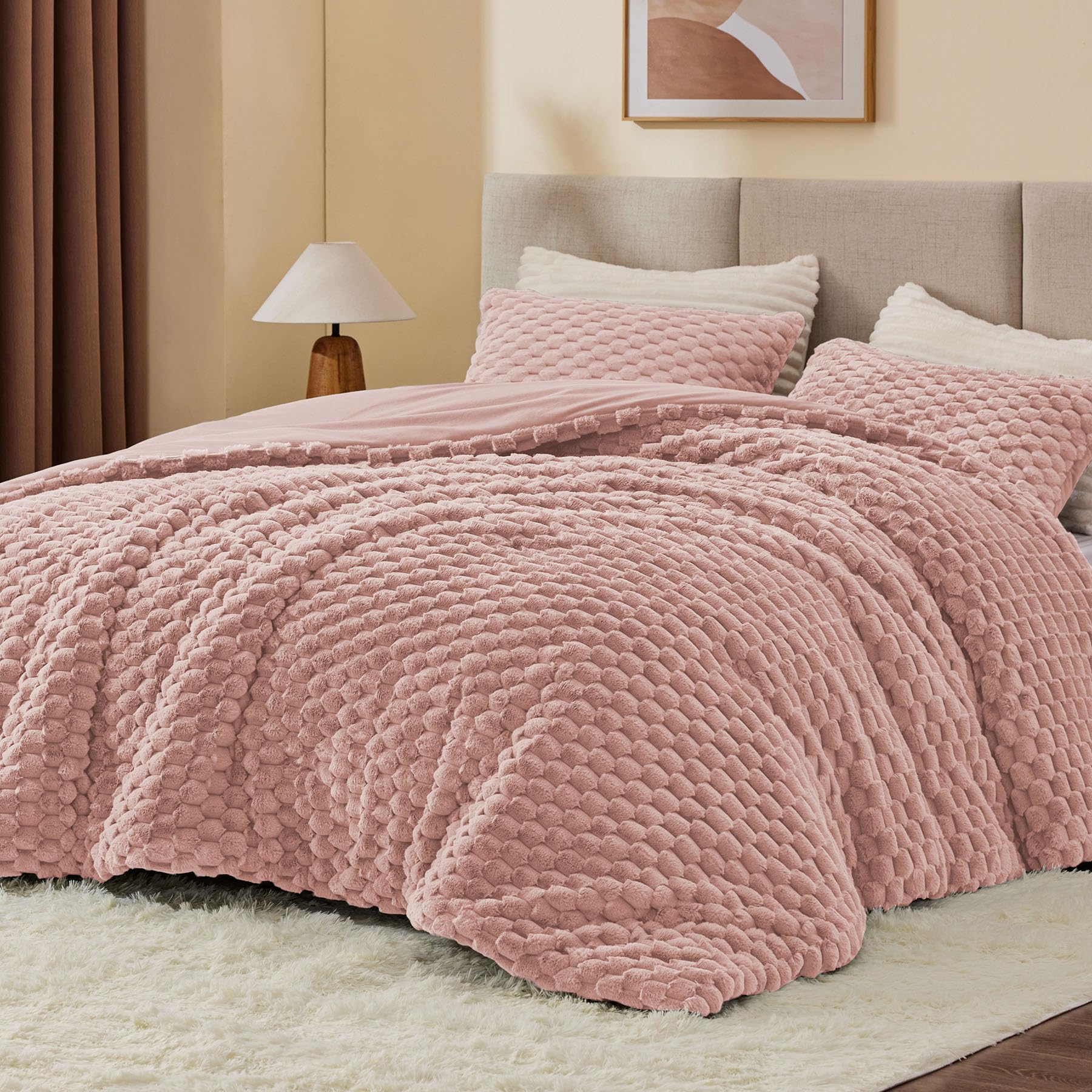 BEDELITE Fluffy Full Size Comforter Set, Dusty Pink Fleece Bed Set 3 Pieces | Soft &amp; Warm, Luxury Fuzzy Bedding for All Season, Cozy Room Decor Aesthetic, 1 Marshmallow Comforter with 2 Pillowcases