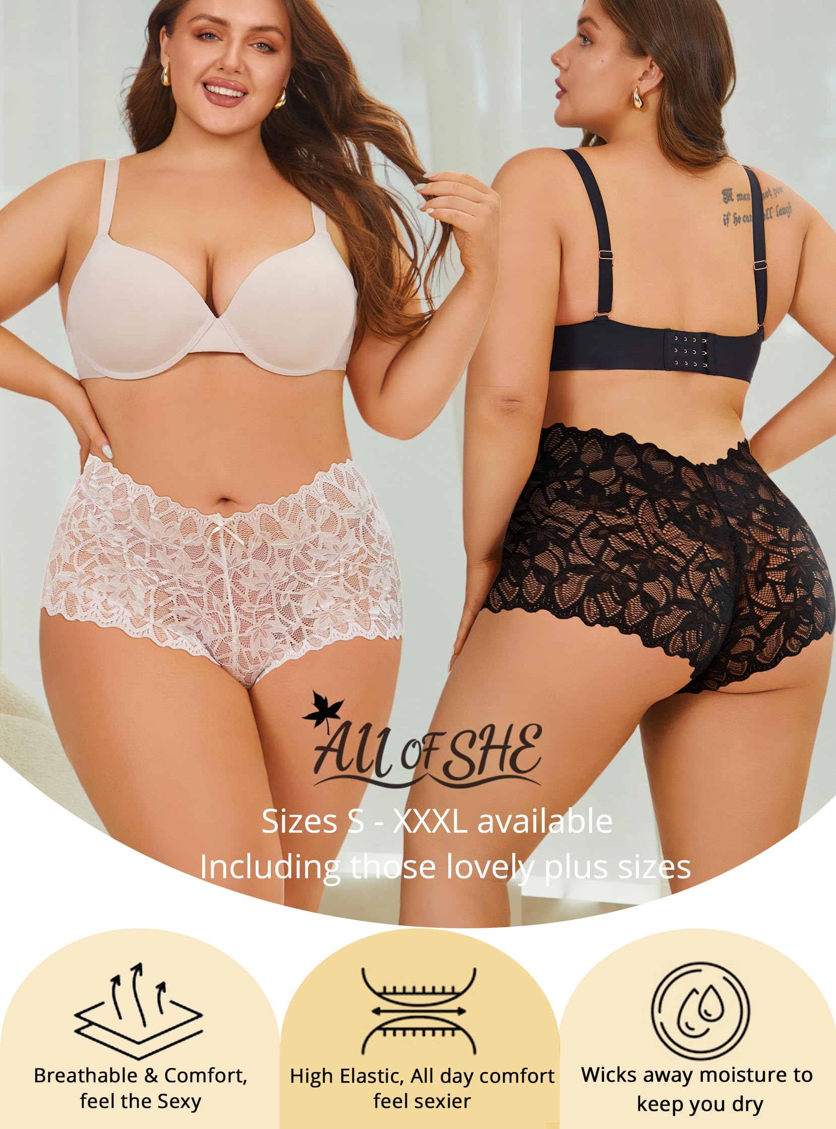 ALL OF SHE Sexy Underwear Panties for Women Cheeky V Waist Lace Boyshorts Lingerie Plus Size Underwear Gift Wife Women 5 Pack: 5 Pack-black*1 White*1 Mocca Grey*1 Brick Yellow*1khaki*1 Small