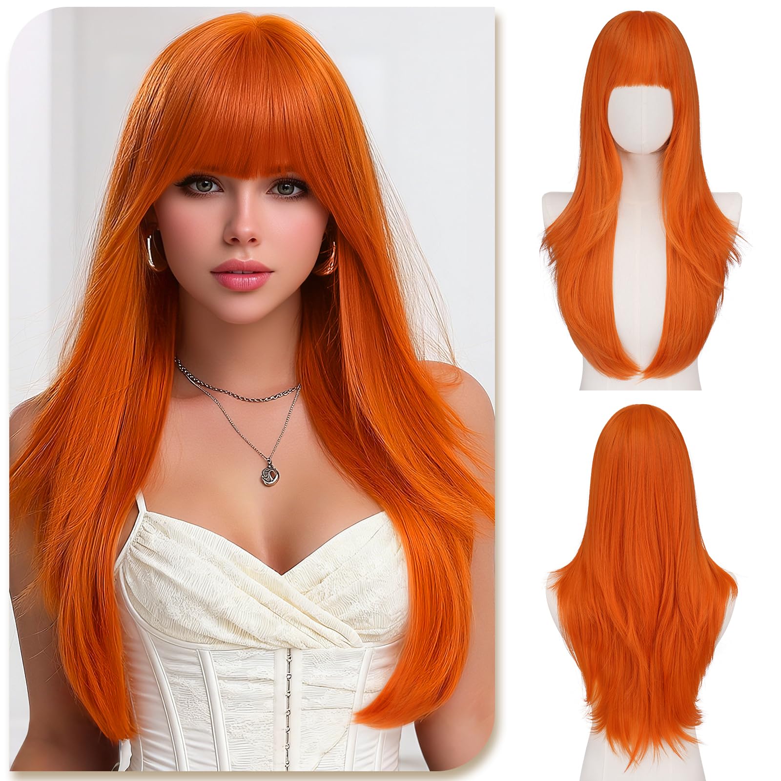 Sofeiyan Peluca Recta Largo de 65 cm,Peluca Sintética Naranja Calabaza en Capas,Peluca para Mujer Preestilizada,Adecuada Para Citas Vacaciones Fiestas Cosplay