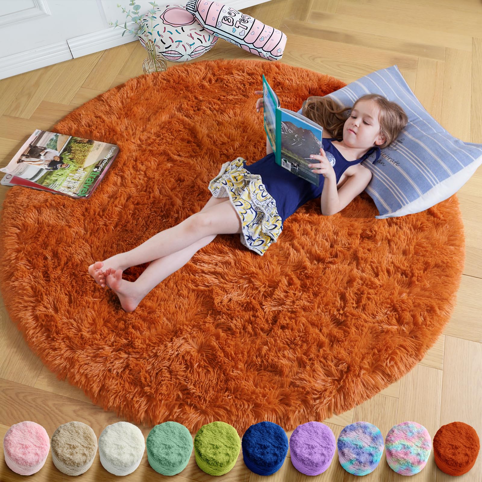 Amdrebio Burnt Orange Round Circle Rug 4Ft for Bedroom Living Room Decor Aesthetic, Fluffy Furry Fuzzy Shaggy Area Rugs for Kids Room, Small Plush Shag Dark Orange Carpet for Nursery Dorm Classroom
