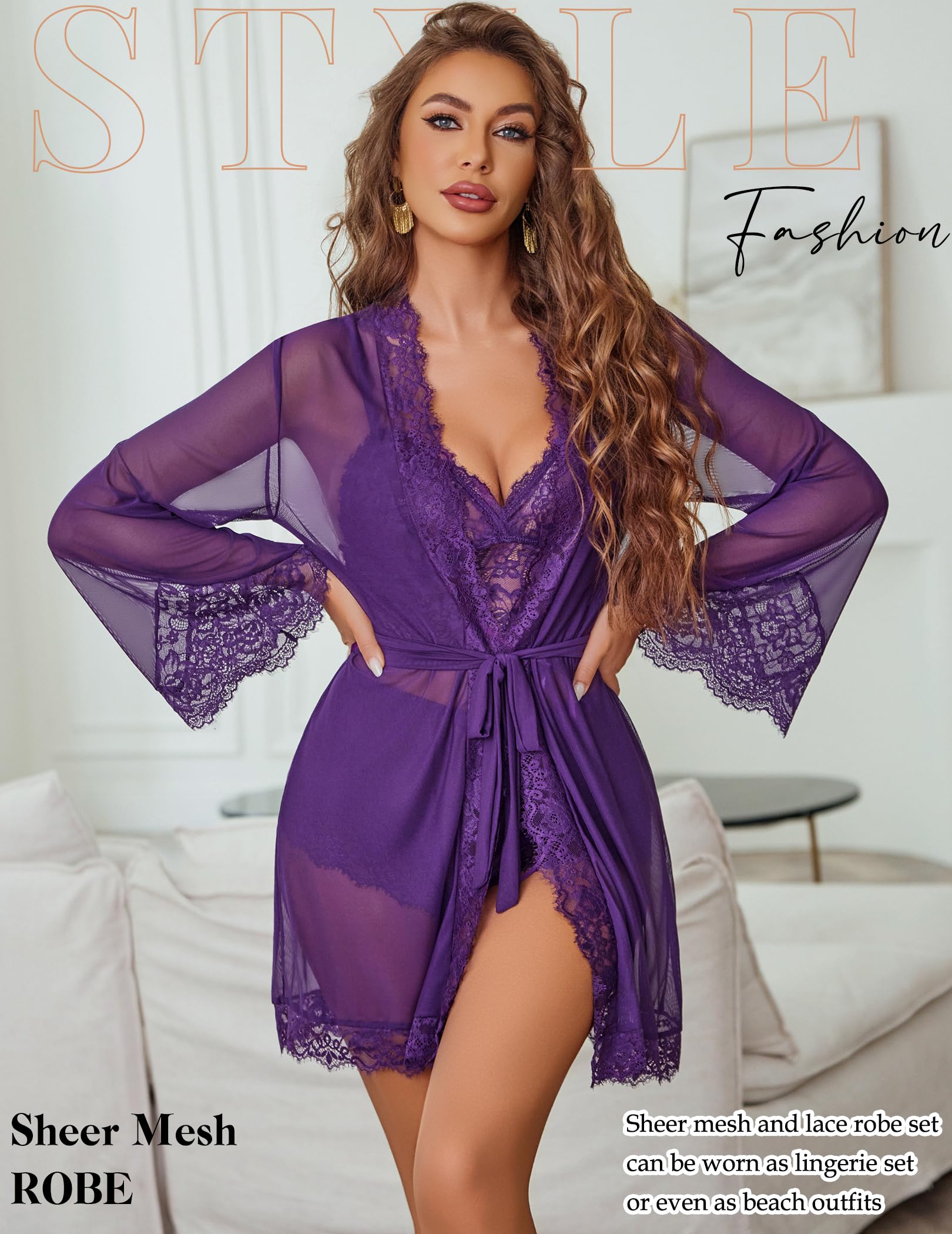 Avidlove Women Sexy Lingerie Set 3 Piece Lace Bralette and Panty Sets With Mesh Kimono Robe Sleepwear Exotic Nightgown: Medium Purple