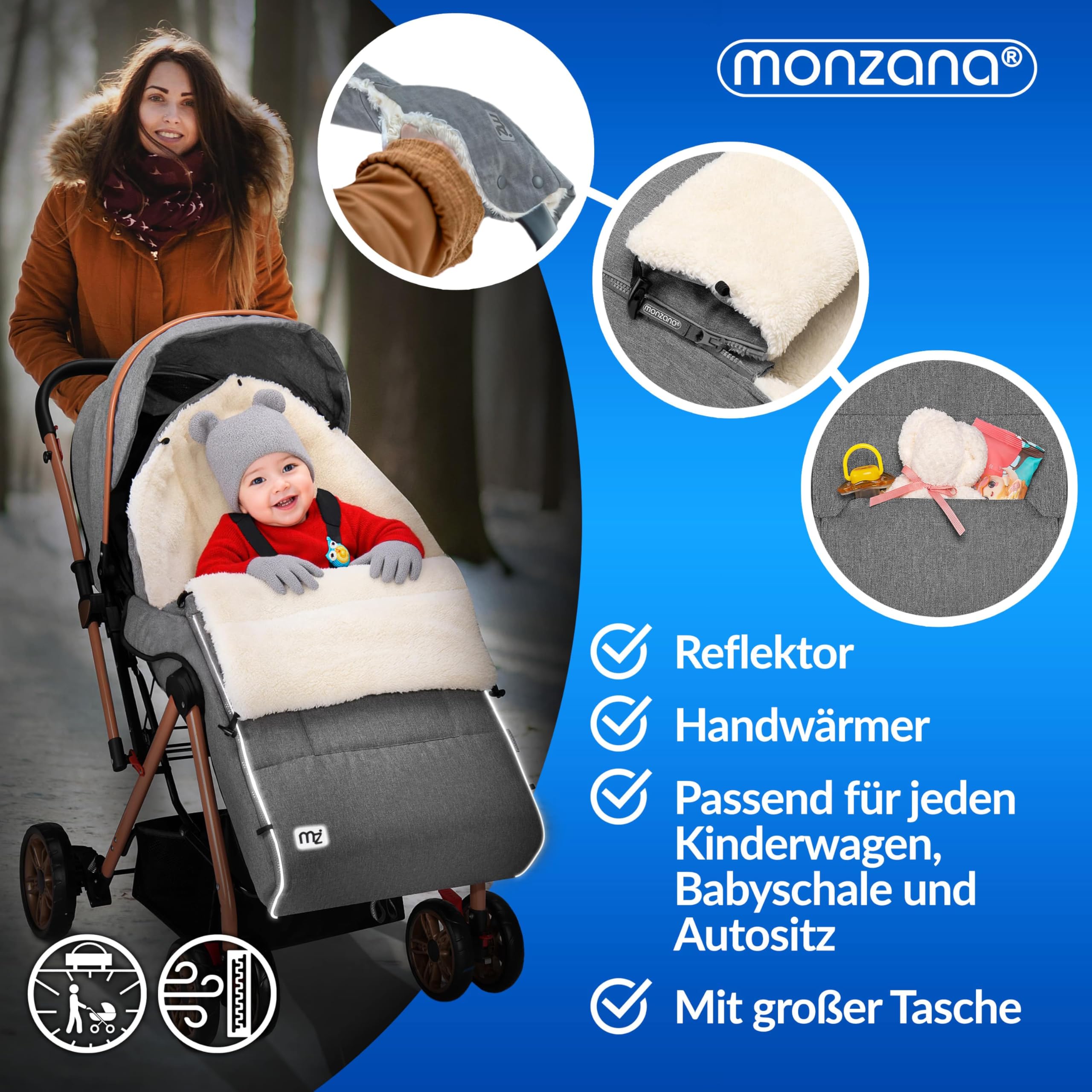 MONZANA® Fußsack für Kinderwagen Baby Winter mit Handwärmer Reflektoren Reißverschluss Buggy Waschbar Babyschale Schlafsack Kuschelig Dunkelgrün