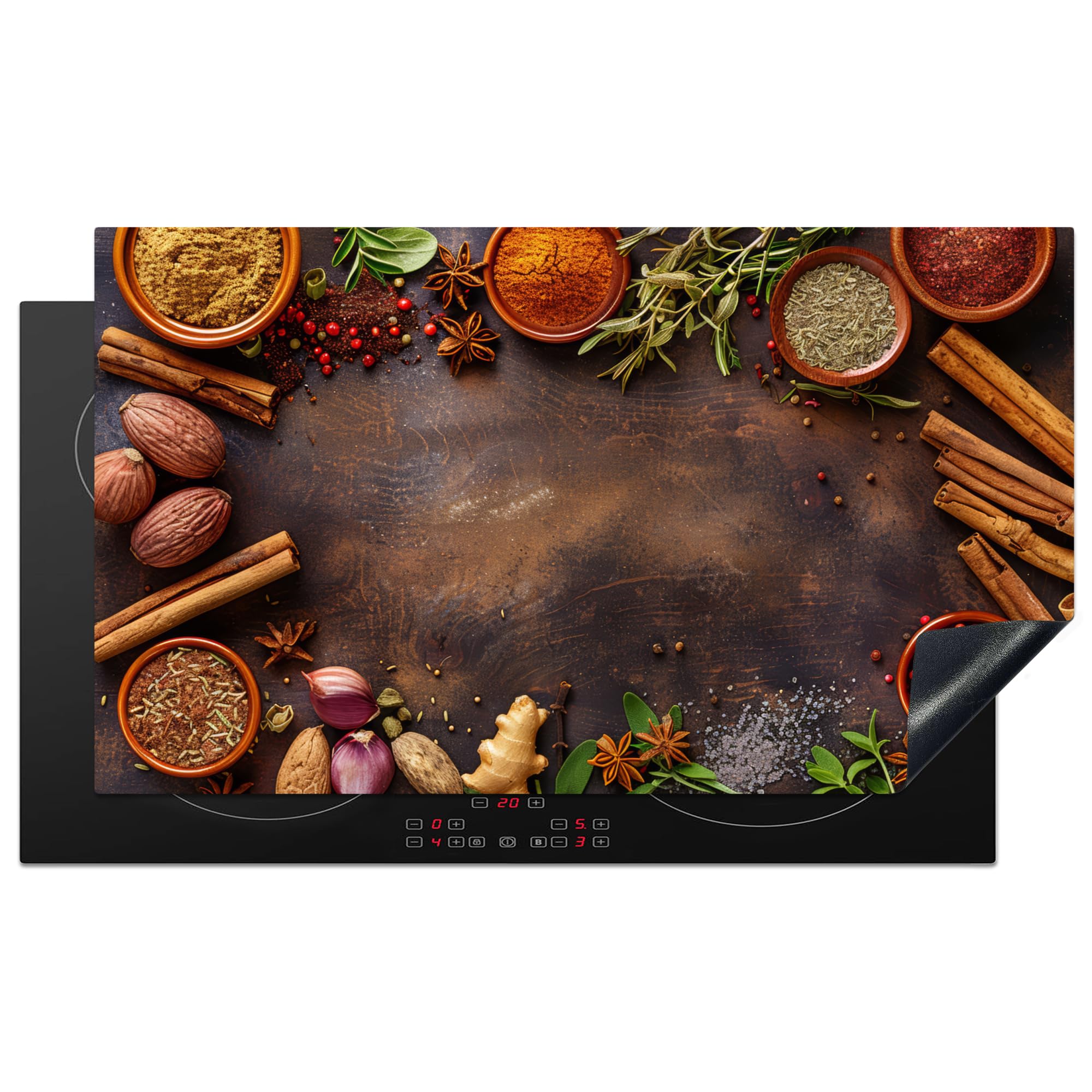 KitchenYeah© Induction Hob Protector Mat 20.5"x35.9" / 91.2x52 cm Cooker Top Protectors Cover Ceramic Covers Electric Hobs Vinyl Spices - Herbs - Cinnamon Sticks - Wood Print