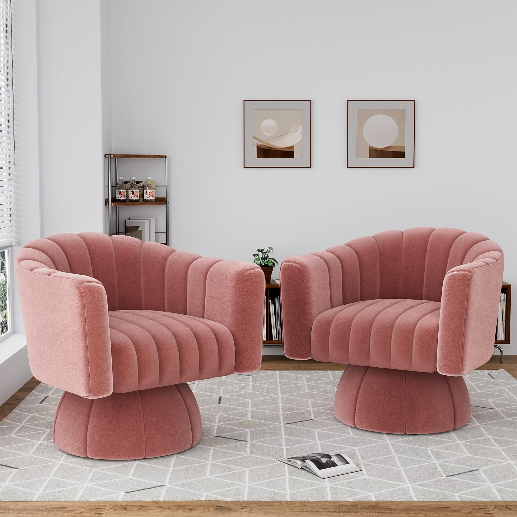 NolohooSwivel Barrel Accent Chair Set of 2, Upholstered 360°Barrel Chairs with Thickened Seat, Mid Century Comfy Small Couch Chair, Round Armchair for Bedroom, Nursery (Pink, Velvet)
